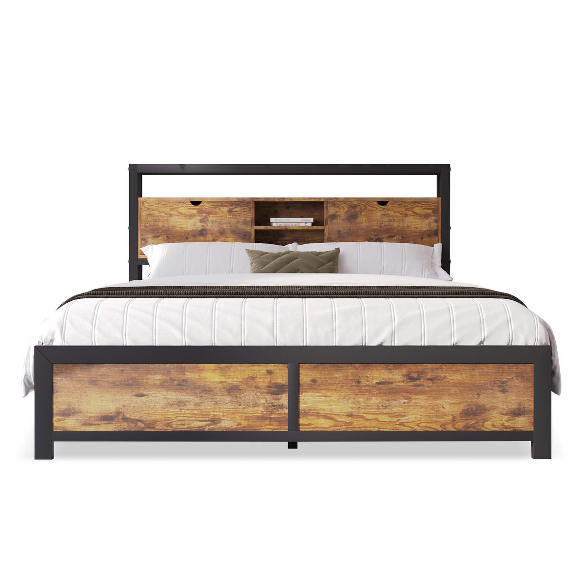 BETT 140/200 cm mit Stauraum und Holzmaserung - Naturfarben, Metall (140/200cm) - OKWISH