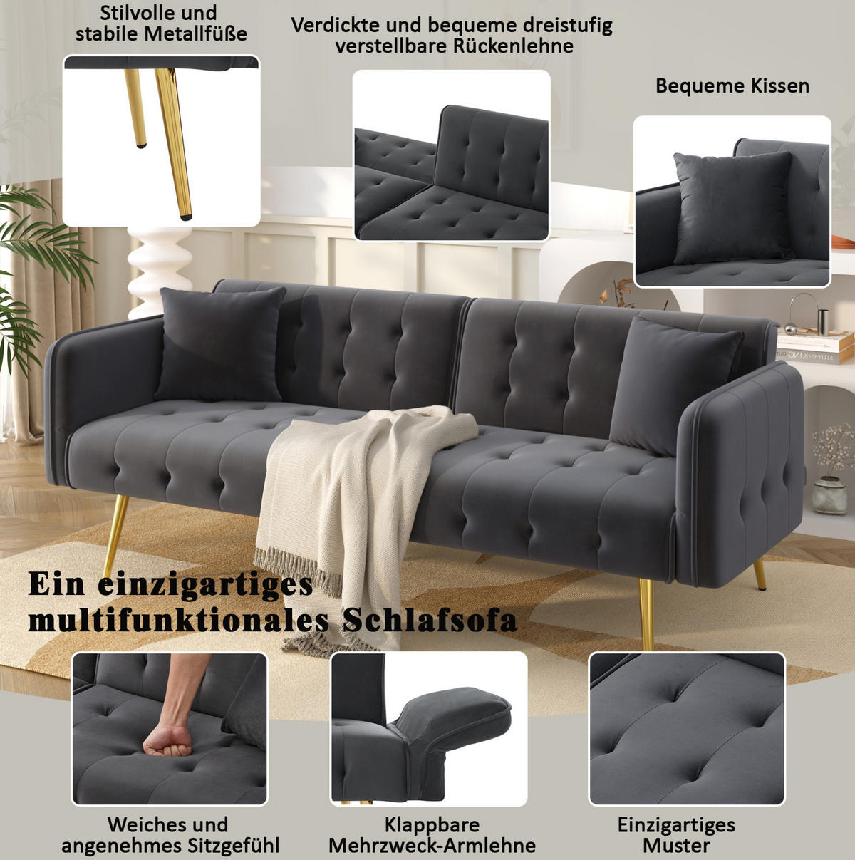 SCHLAFSOFA 215/81,5 cm Liegefläche – mit Veloursbezug und verstellbaren Armlehnen - Grau, Textil (82/70/178cm) - BEAOK