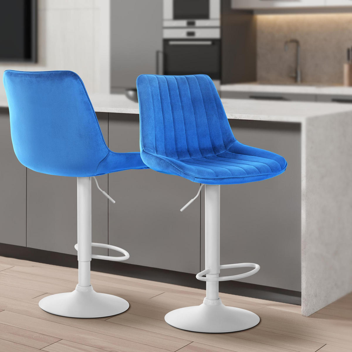 BARHOCKER RIO Blau Samt Weiß - Blau, Textil/Metall (49.5/91/50cm) - DELUKE