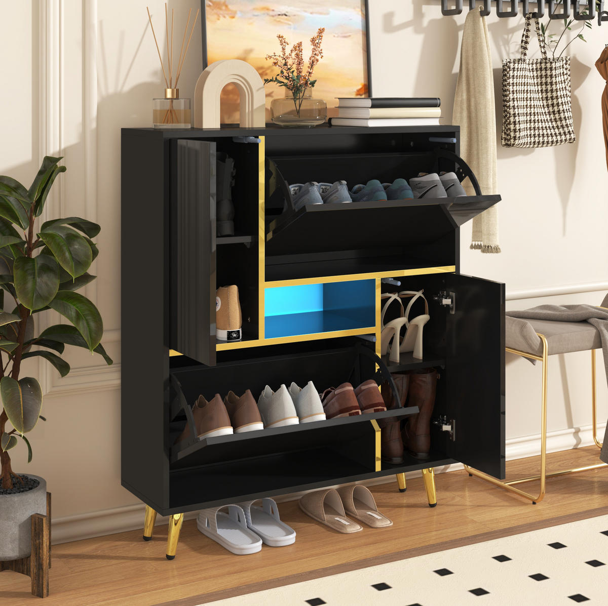 SCHUHSCHRANK aus Spanplatte 80x25x96cm in Schwarz mit 16-farbiger LED - Schwarz, Holzwerkstoff (80/96/25cm) - Modfu