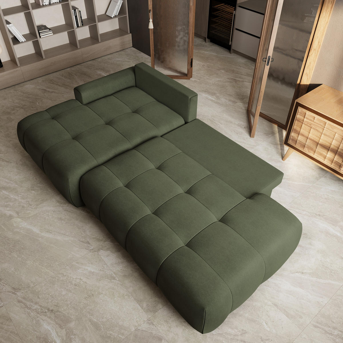 ECKSOFA FLUMA CL L-S Olivgrün Samtstoff mit Schlaffunktion - Olivgrün, Holzwerkstoff/Textil (279/158cm) - MASSENO