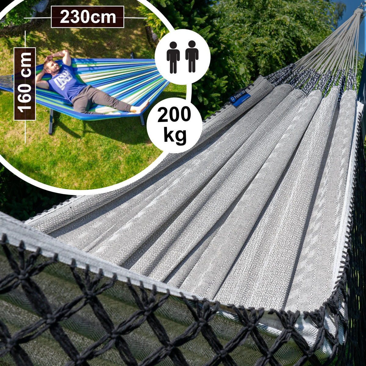 HÄNGEMATTE mit Gestell, 2 Personen, XXL, 200 kg, Metall, Medelin Boho Grau, einfache Montage - Grau, Metall (370/130/120cm) - Potenza