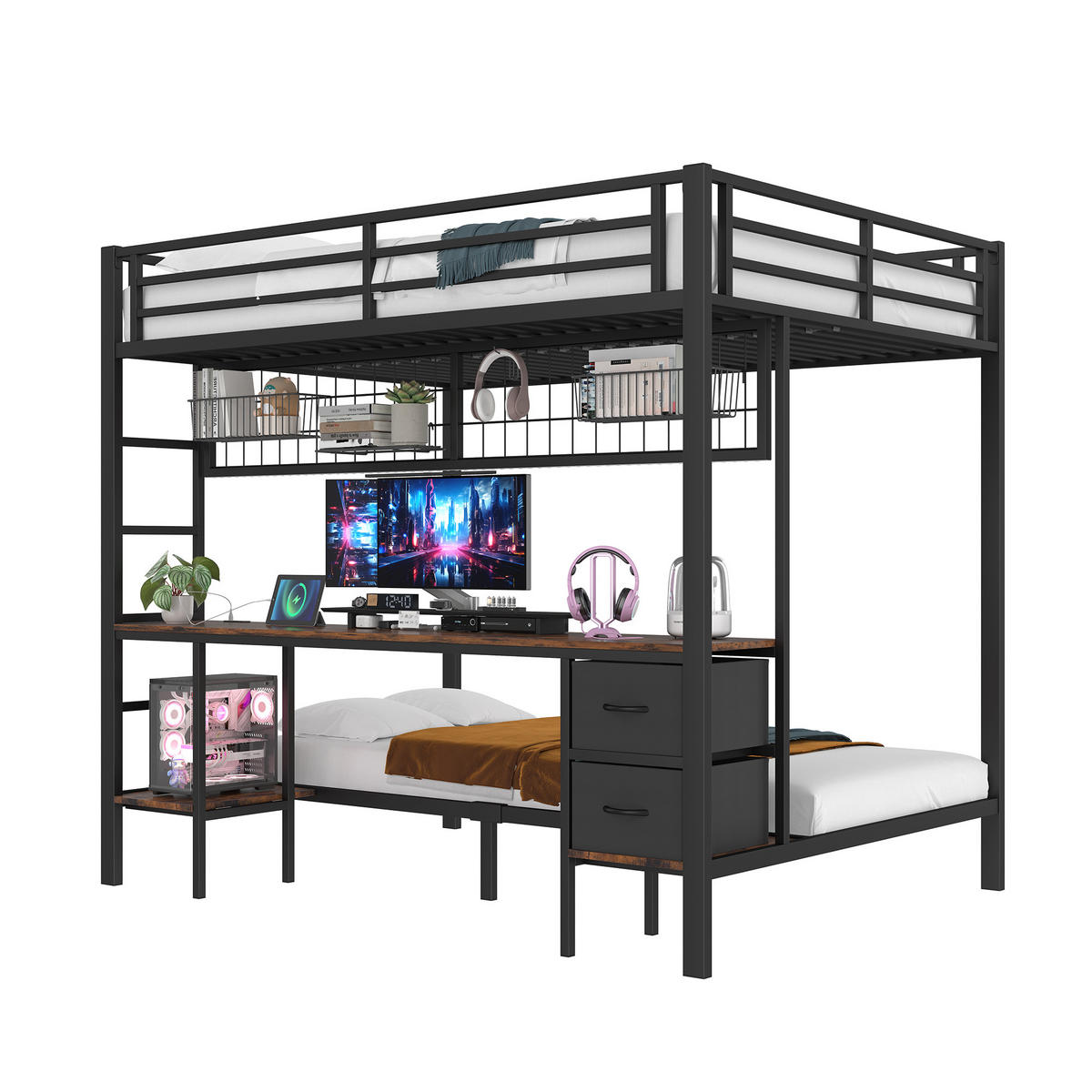 HOCHBETT 90x200cm + 140x200cm Schwarz Metall Schubladen Schreibtisch LED - Schwarz, Metall (140/200cm) - FLIEKS