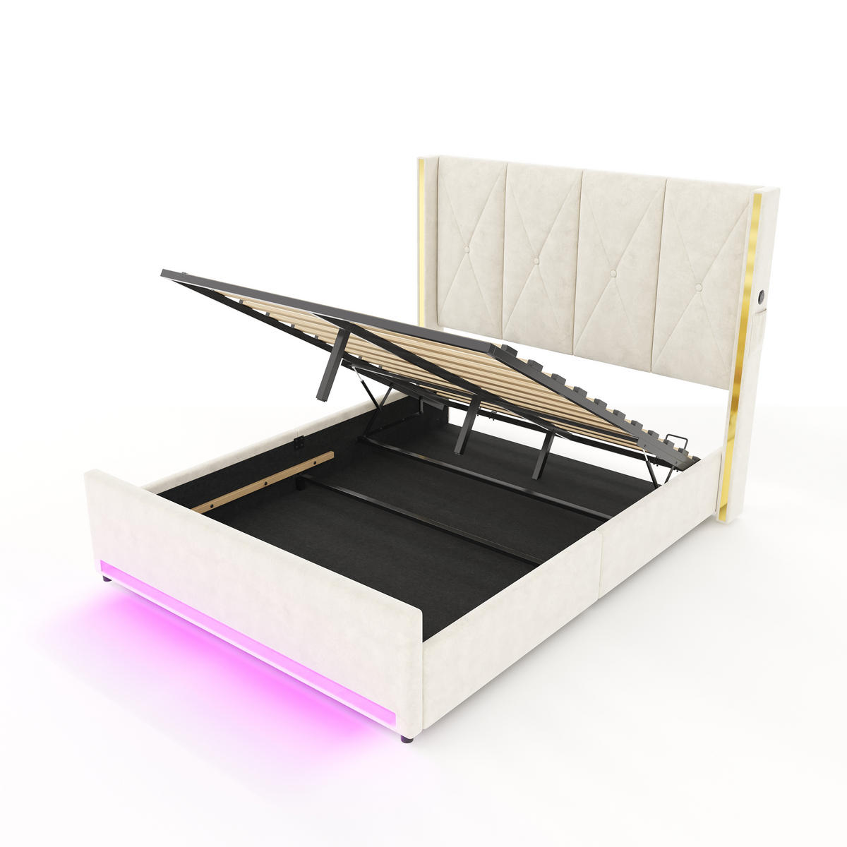 POLSTERBETT 160/200 cm in Beige Samt mit Bettkasten, LED, USB und Seitentaschen - Beige, Holzwerkstoff/Textil (160/200cm) - STILVORA