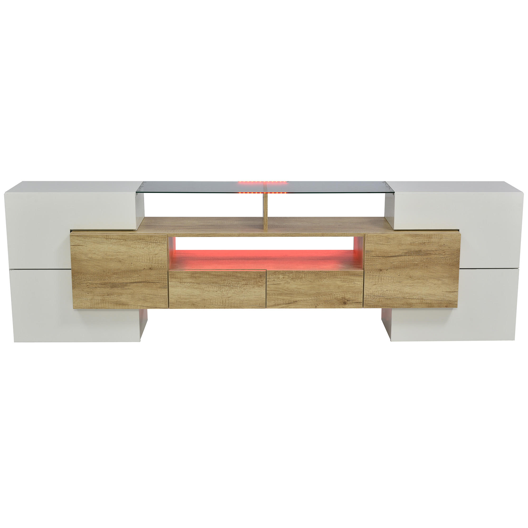 LOWBOARD TV-Schrank Hochglanz Weiß Holzoptik mit 6 Türen 2 Schubladen LED Glas MDF modern groß Stauraum - Naturfarben/Weiß, Glas/Holzwerkstoff (200/60/30cm) - EVRYAE