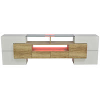 LOWBOARD TV-Schrank Hochglanz Weiß Holzoptik mit 6 Türen 2 Schubladen LED Glas MDF modern groß Stauraum - Naturfarben/Weiß, Glas/Holzwerkstoff (200/60/30cm) - EVRYAE