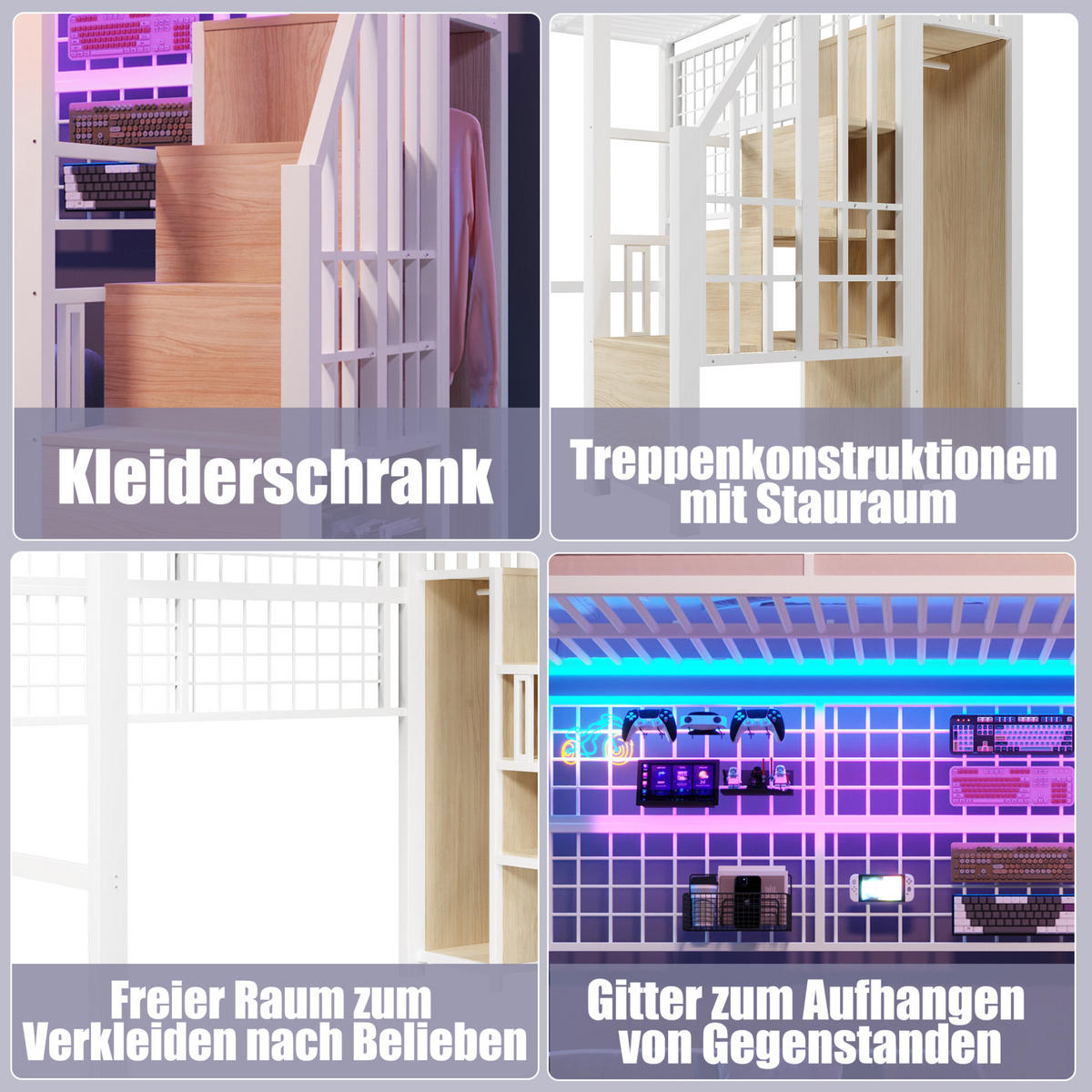 HOCHBETT 90/200 cm in Weiß mit Kleiderschrankleiter und LED-Beleuchtung - Weiß, Metall (90/200cm) - Flora Grace
