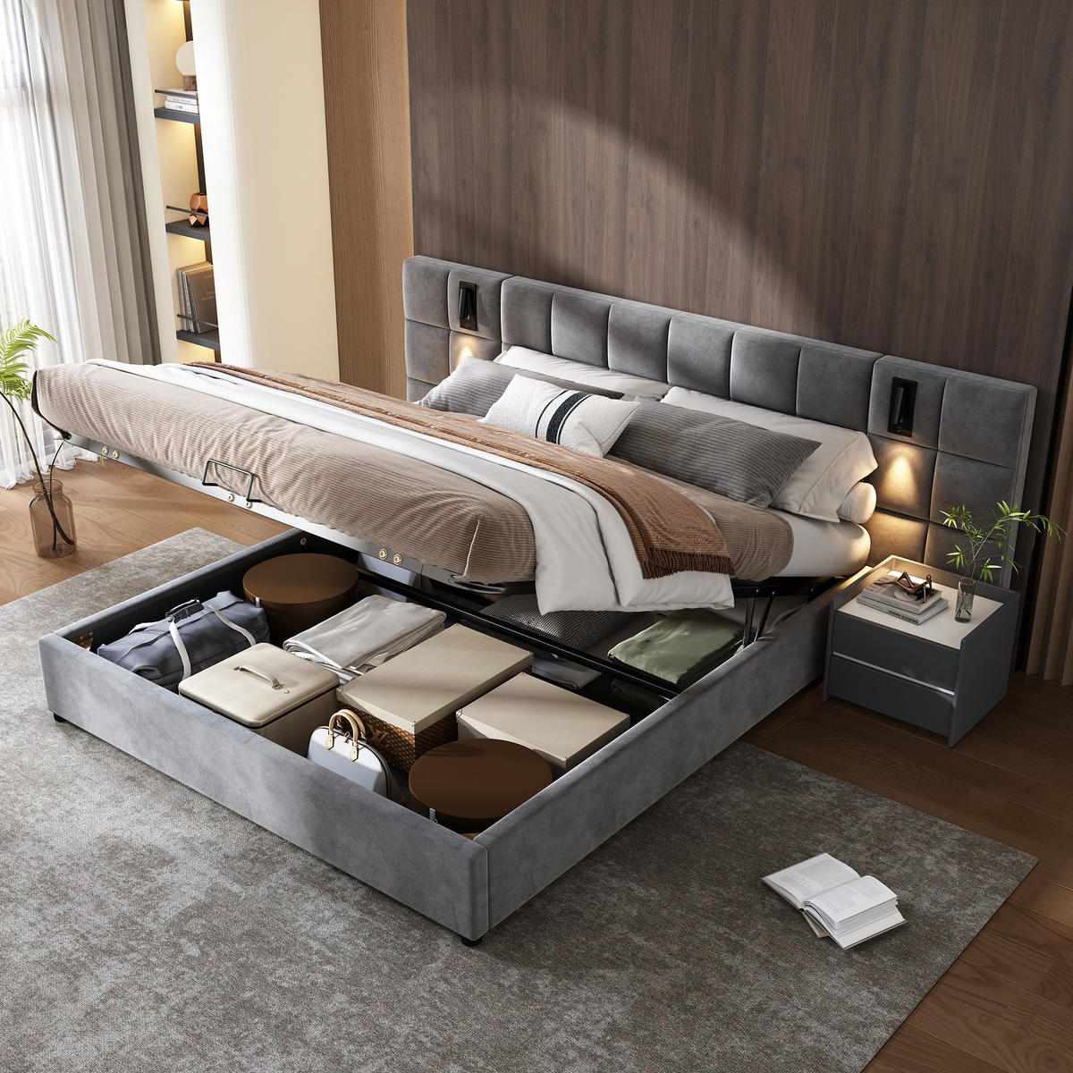 POLSTERBETT 180x200cm mit Stauraum und LED-Beleuchtung - Grau, Holzwerkstoff/Textil - Urban Meuble