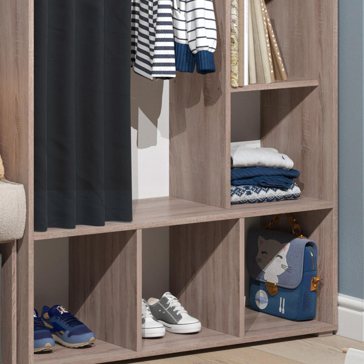 KINDERKLEIDERSCHRANK Luigi Sonoma 105.8 x 178.1 cm mit Vorhang-Kleiderstange - Sonoma Eiche, Holzwerkstoff (105.8/178.1/38cm) - Vicco