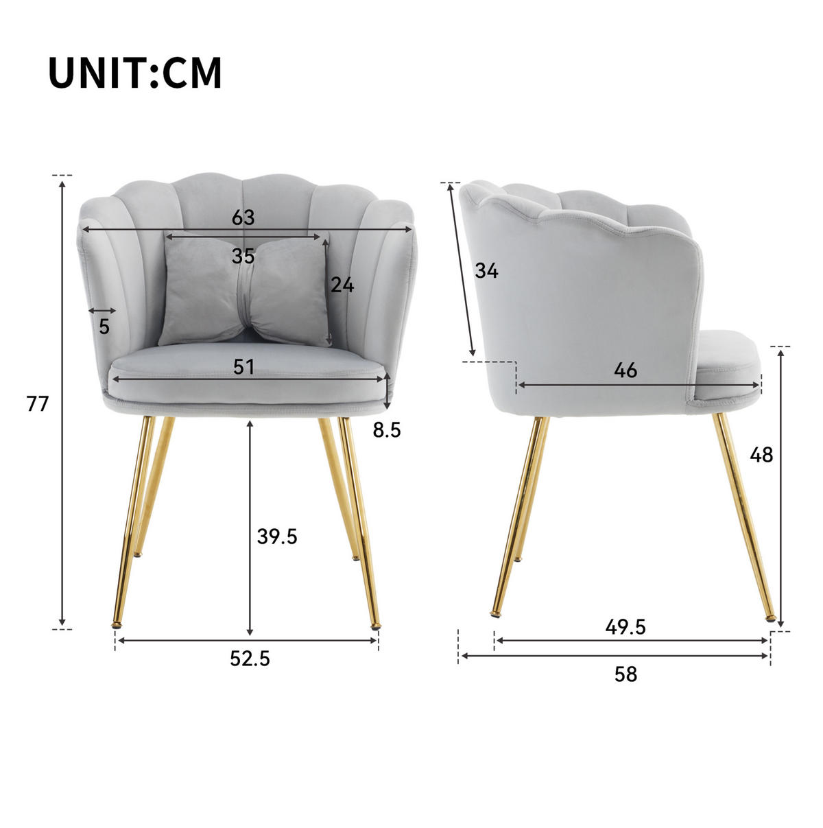 SESSEL 63x58x77 cm in Grau, Samt Blütenblatt, 9 cm Polster, vergoldete Metallbeine, ergonomisch - Grau, Textil (58/77/63cm) - Modfu
