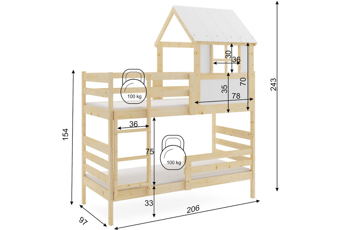 ETAGENBETT ERYK mit Dach und Lattenrost - Kieferfarben, Holz (90/190cm) - Interbeds