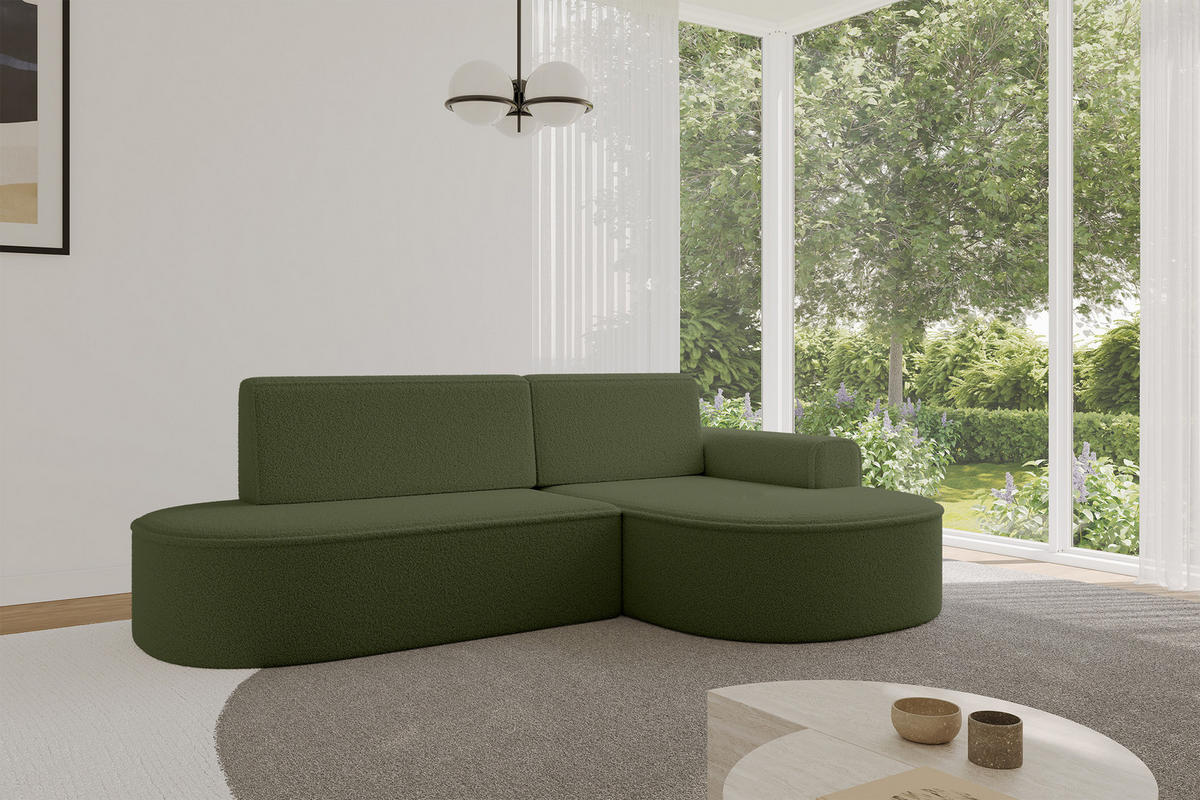 ECKSOFA mit Schlaffunktion und Bettkasten Ottomane Rechts MARI-L1-S - 283x167x73 cm Grün Bouclé - Schwarz/Grün, Holzwerkstoff/Kunststoff (167/283cm) - ALTDECOR