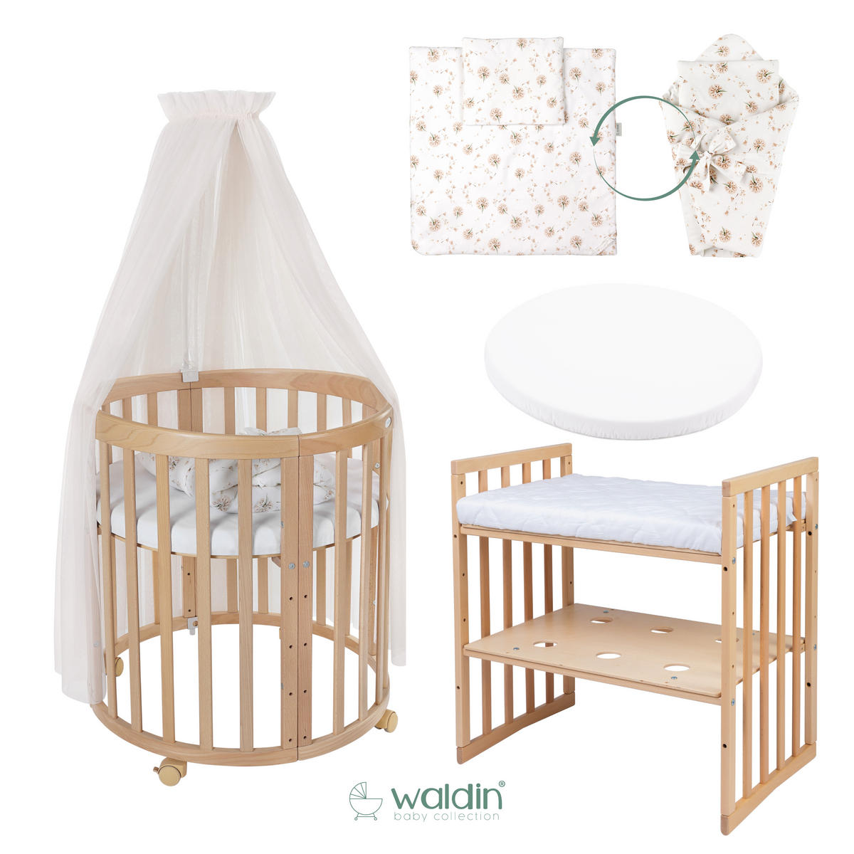 BABYBETT NATUR OVAL 7in1 mit Matratze und Himmelset - Champagner/Naturfarben, Holz/Textil
