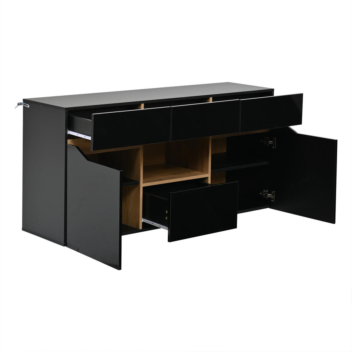 SIDEBOARD aus Spanplatte 140x40x70 cm Schwarz/Naturholz mit LED-Beleuchtung, 4 Schubladen, 2 Schränken und Hochglanz-Front - Schwarz, Holzwerkstoff (140/70/40cm) - Modfu
