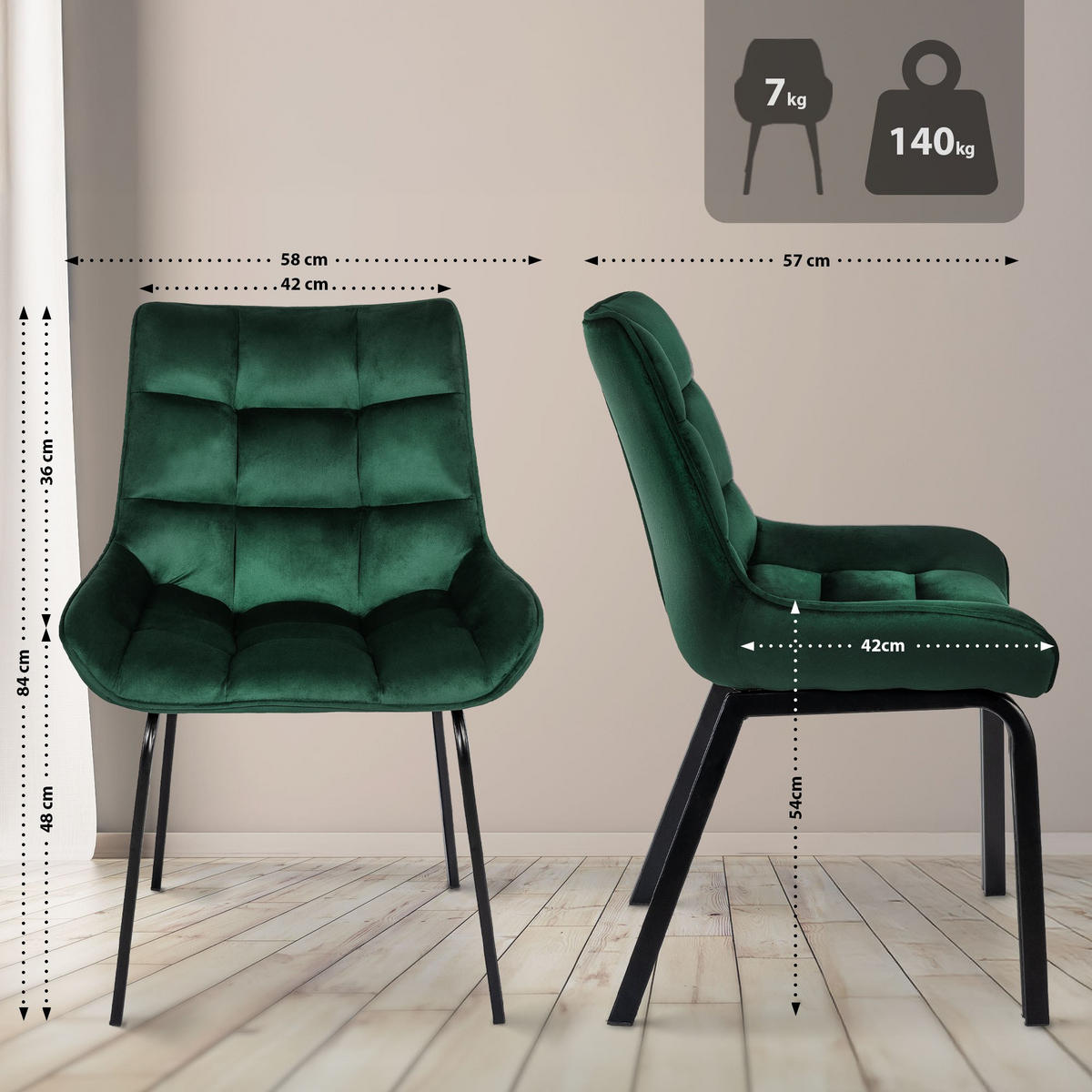 STUHL Samt grün - Schwarz/Grün, Textil/Metall (58/84/57cm) - CLP