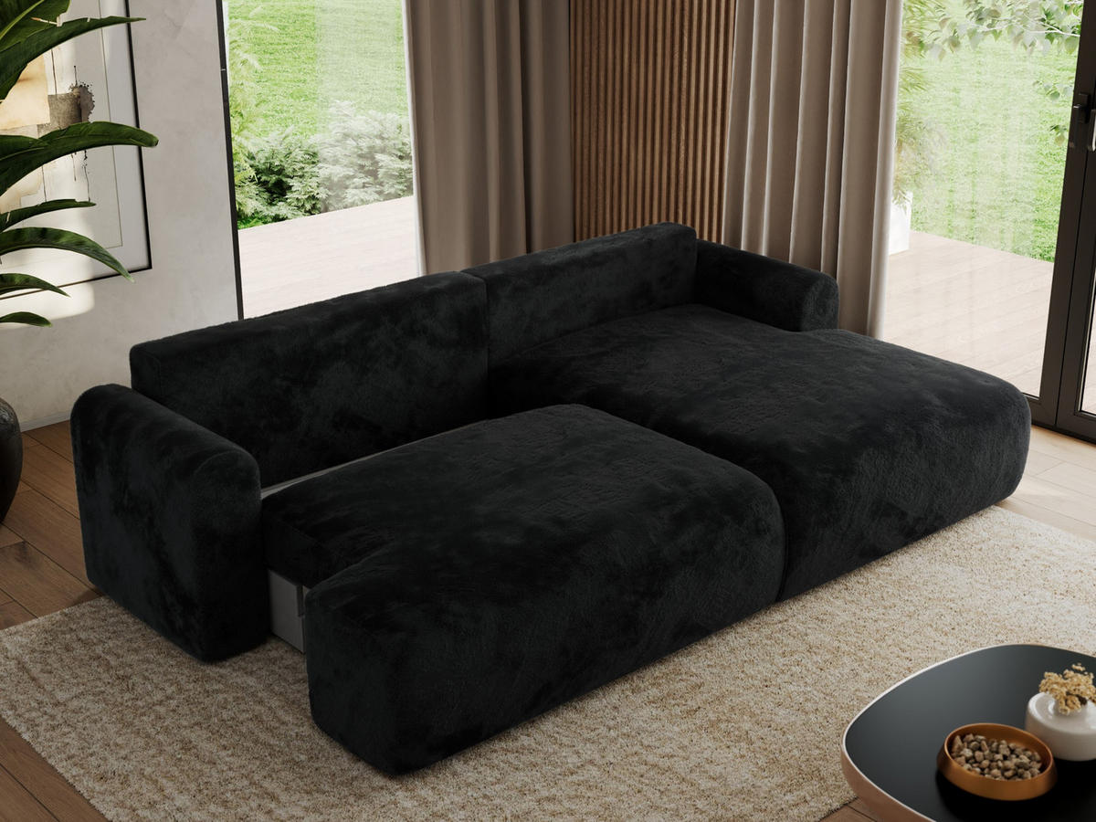 ECKSCHLAFSOFA TONO L Schwarz Plüsch - rechts - Schwarz, Kunststoff/Textil (150/260cm) - MKS