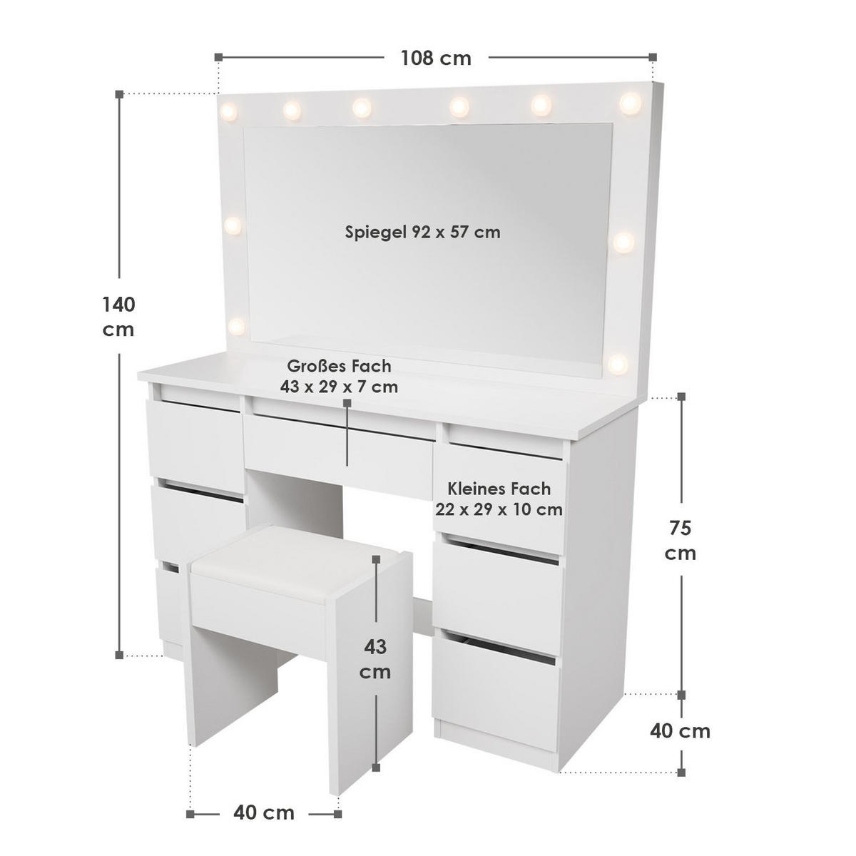 SCHMINKTISCH Lilia weiß mit LED-Beleuchtung und Hocker Melly - Weiß, Holz (108/140/41cm) - Juskys