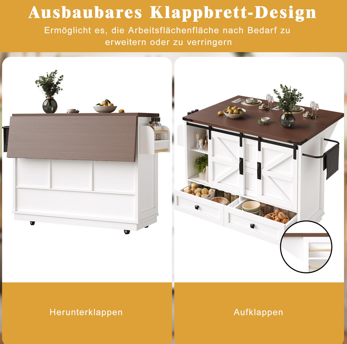 KÜCHENINSEL 142,5/45-73/92,5 cm mit Klapptisch, Schiebetüren im BarnDoor-Design und Stauraum, Weiß, MDF/Metall - Weiß, Holzwerkstoff (142.5/92.5/45cm) - Redom