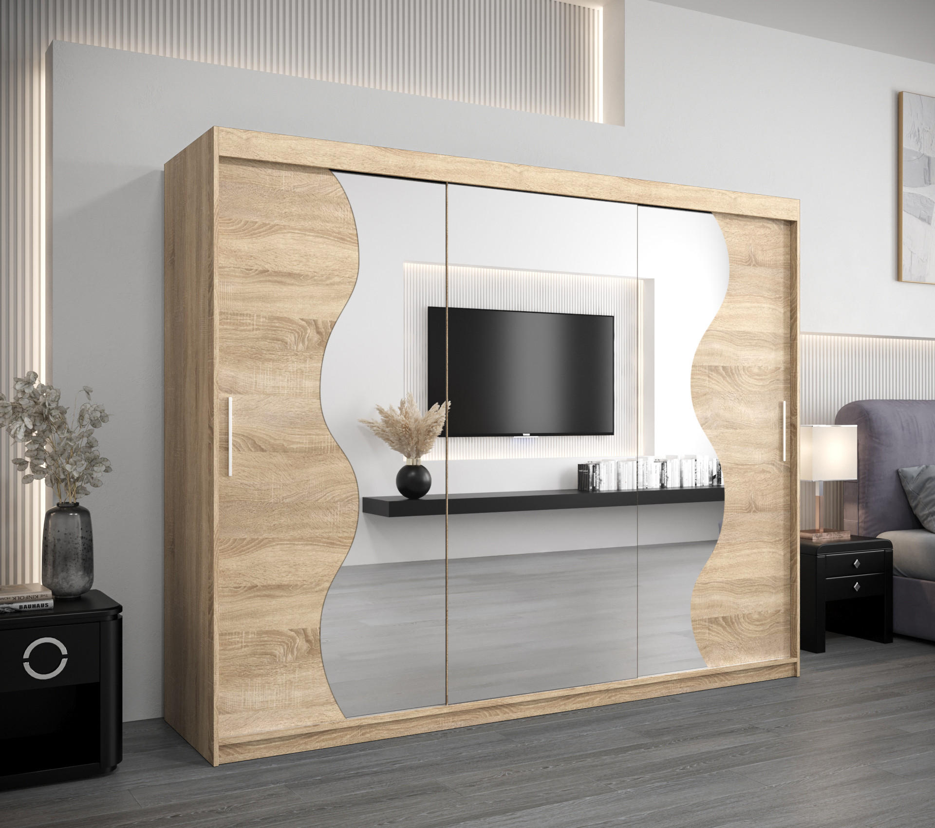 SCHWEBETÜRENSCHRANK 200/250/62 3-türig - Silberfarben/Sonoma Eiche, Holz/Kunststoff (250/200/62cm) - MÖBEL KRYSPOL