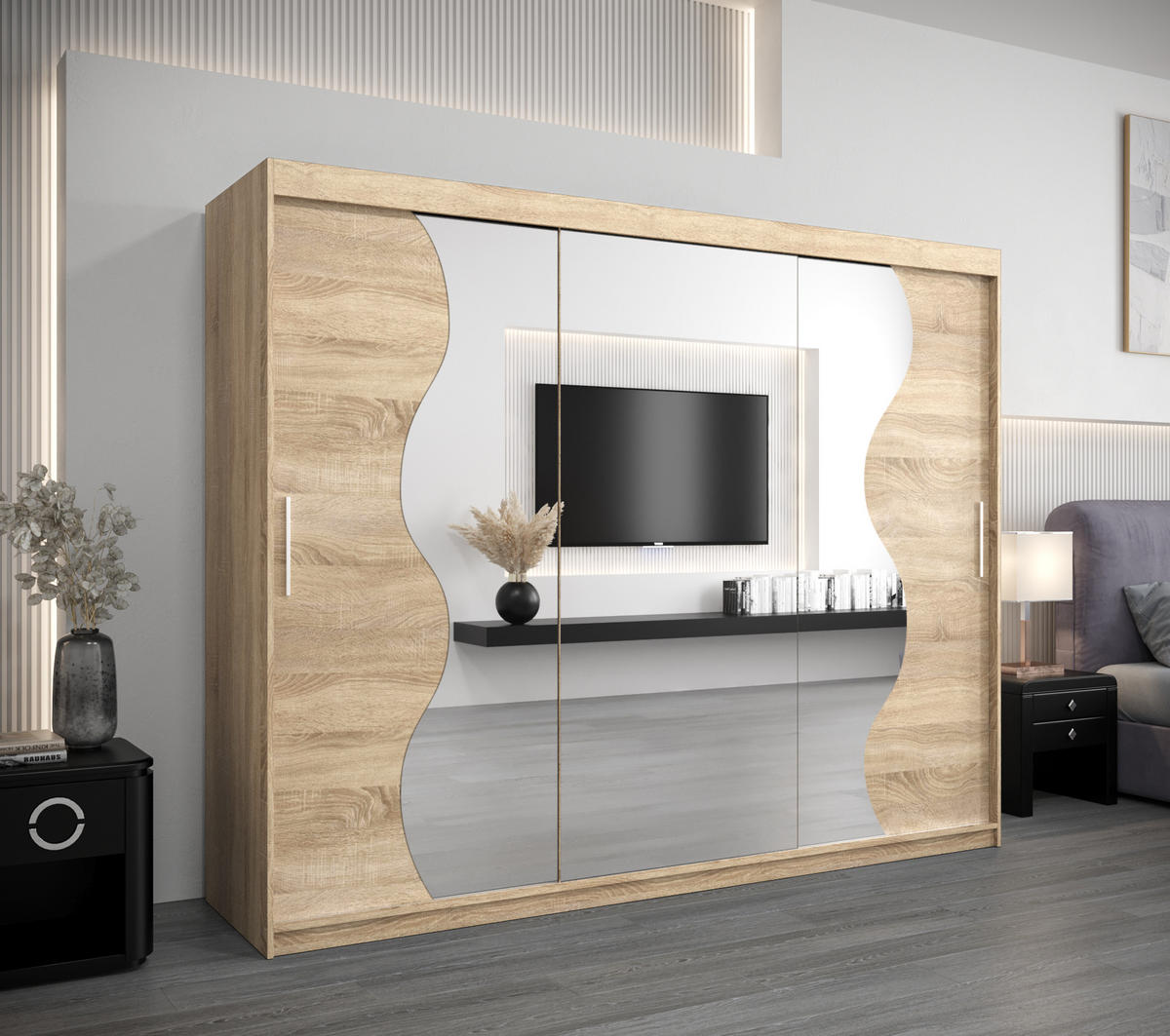 SCHWEBETÜRENSCHRANK 200/250/62 3-türig - Silberfarben/Sonoma Eiche, Holz/Kunststoff (250/200/62cm) - MÖBEL KRYSPOL