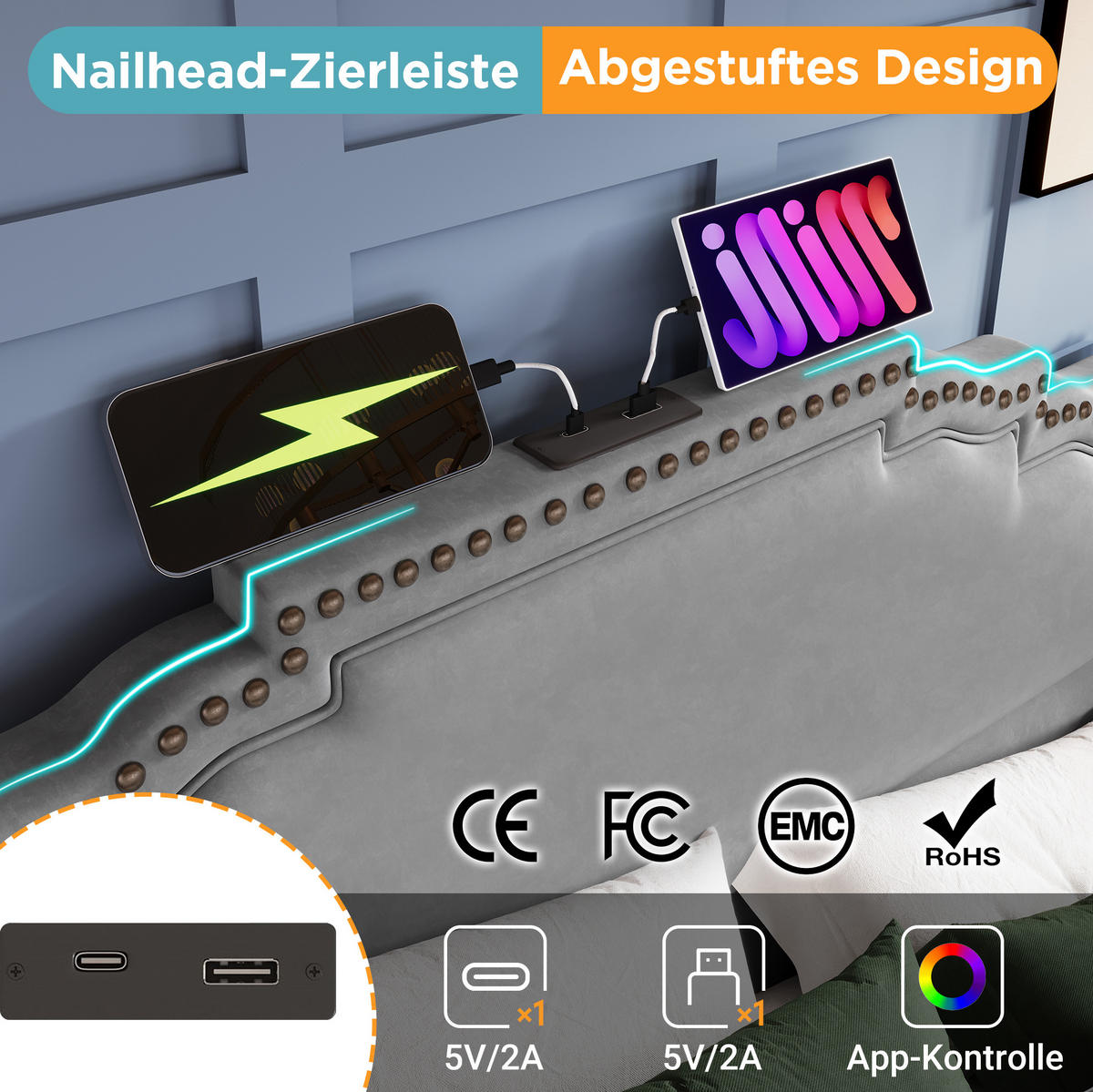 ČALÚNENÁ posteľ 189/214/120 cm sivá, zamatová, s LED osvetlením, USB-C a úložnými zásuvkami - sivá, textil (180/200cm) - BEAOK