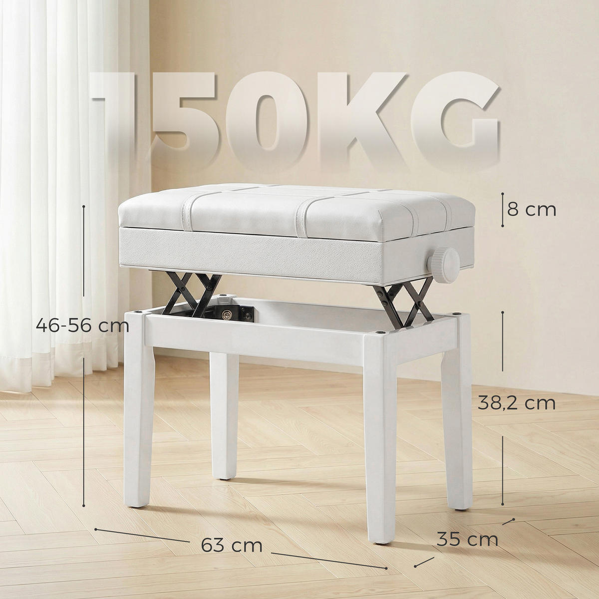 HOCKER DE-16462 höhenverstellbar mit integriertem Fach Weiß - Weiß, Leder (35/56/63cm) - ComfortXL