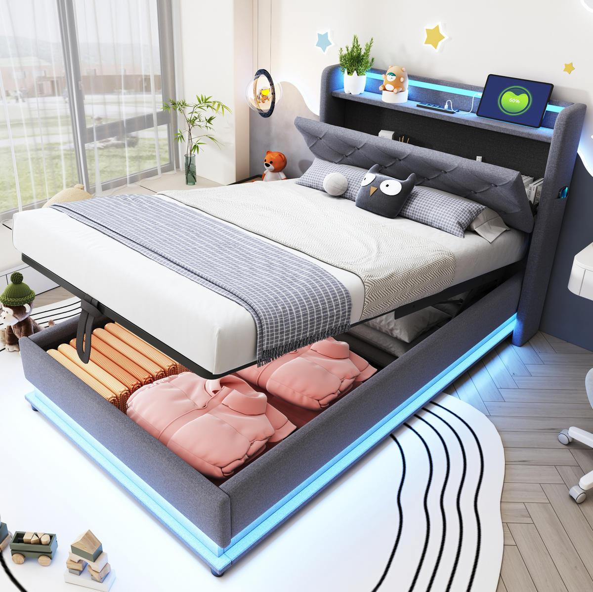 POLNJENA postelja iz leinen tkanine 90x200 cm siva z LED osvetlitvijo, 3 USB priključki, Type-C in hidravličnim prostorom - siva, tekstil (90/200cm) - Modfu