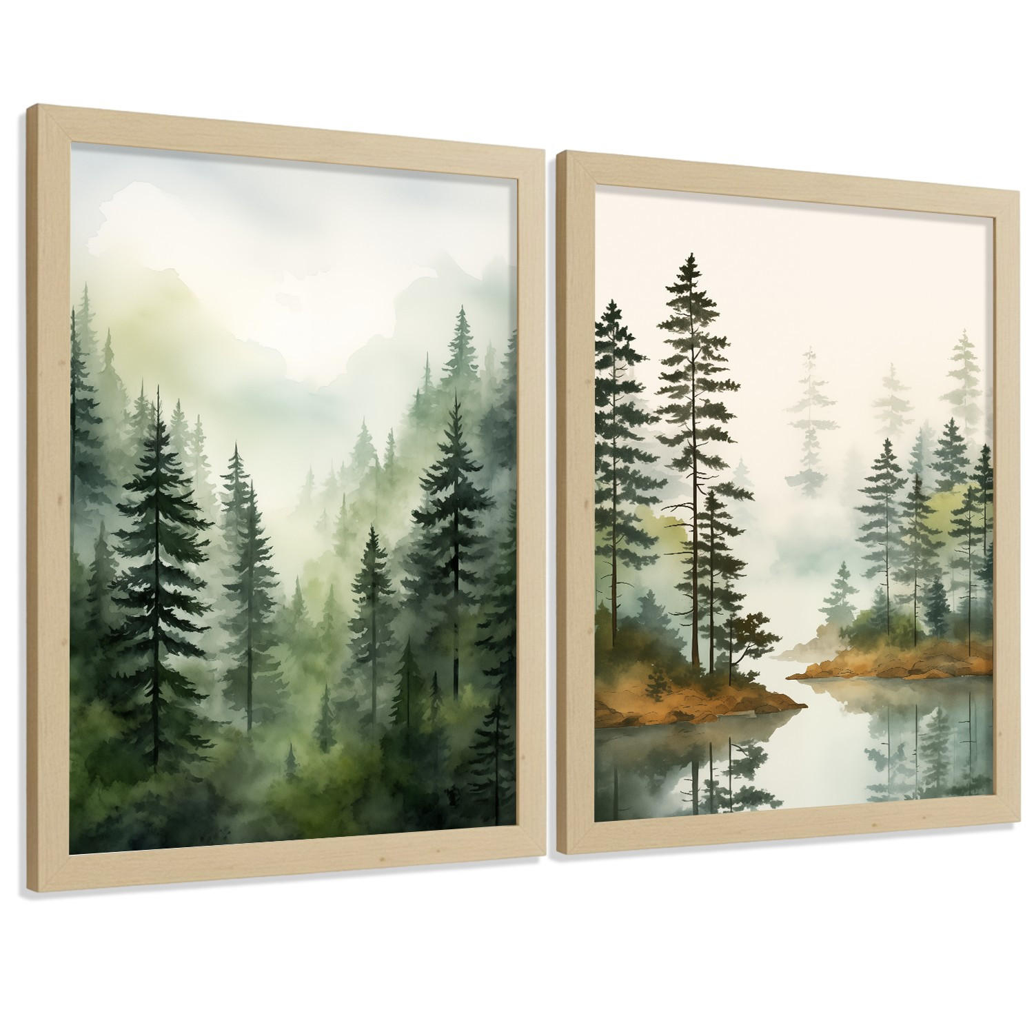Nacnic PLAKAT Sada 2 dekorativních tisků Nordic Forest Landscape Moderní obývák Obrázky - zelené a hnědé dekorativní plakáty A3 Světlý dřevěný rám