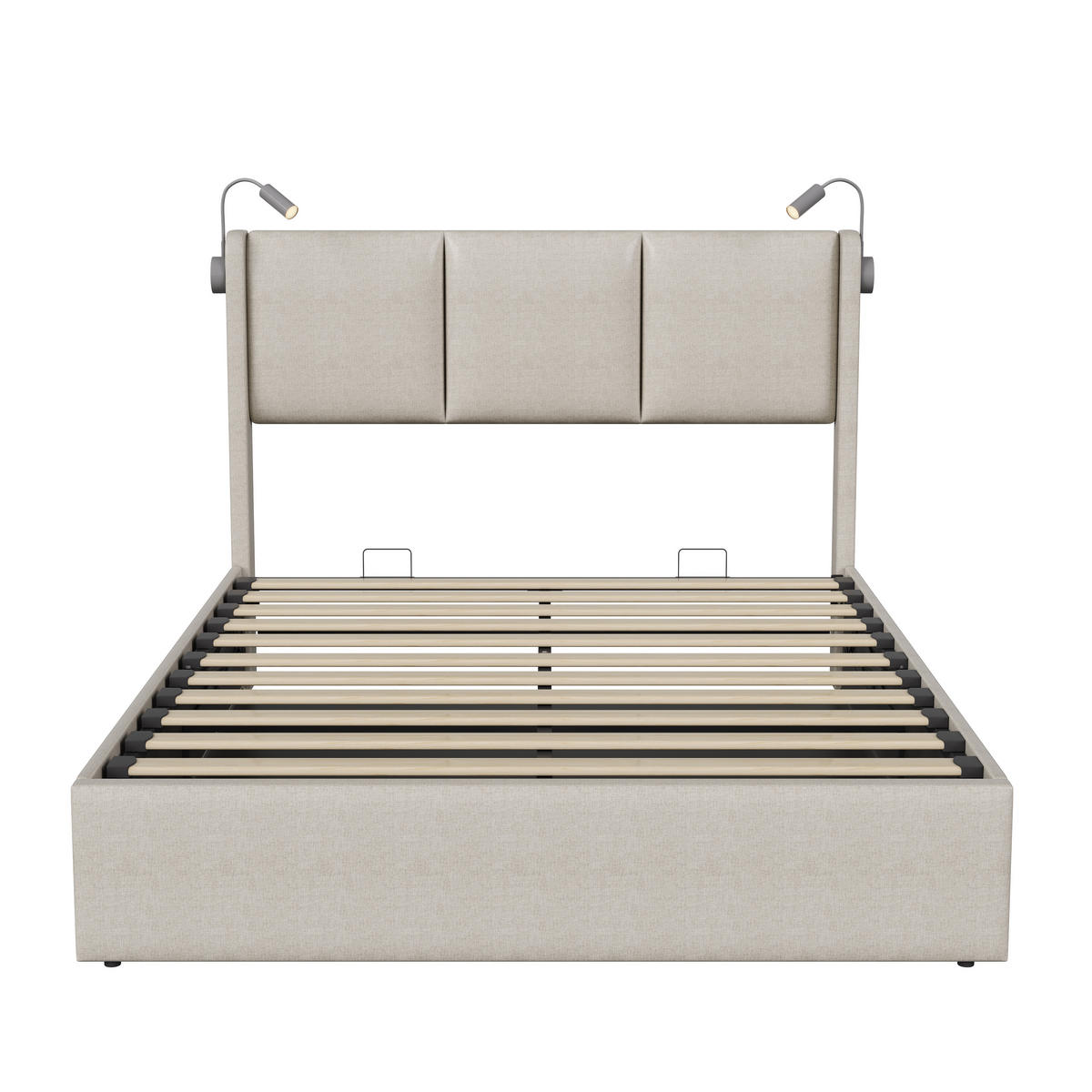 POLSTERBETT 160/200 cm Beige mit Bettkasten, Stauraumbett mit Hydraulik, Leselampen, Lattenrost und gepolstertem Kopfteil - Beige, Holz/Metall (160/200cm) - Joyfair