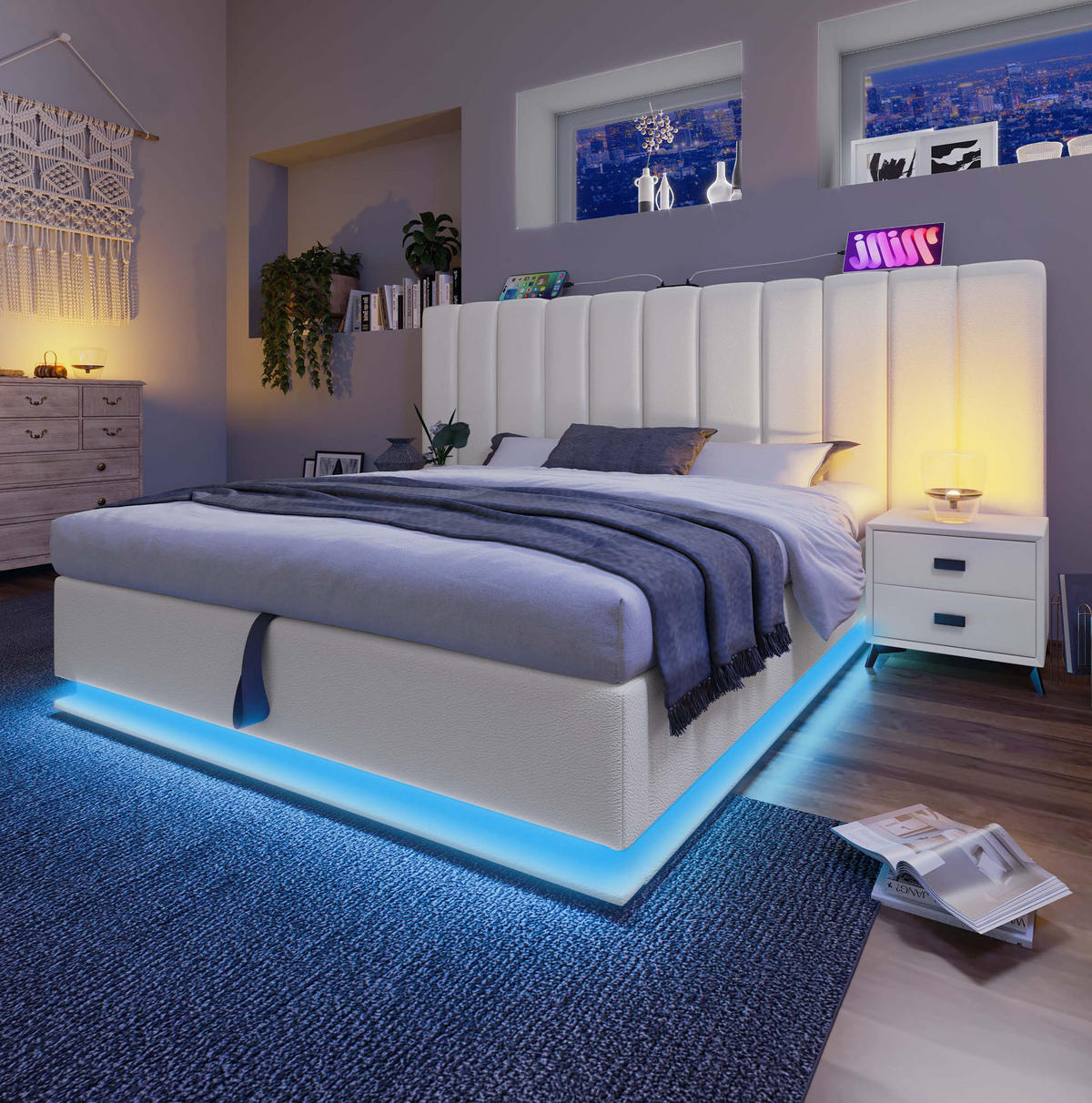POLSTERBETT aus PU 180x200 cm Weiß mit Bettkasten, LED-Beleuchtung, USB-C und Matratze - Weiß, Leder (180/200cm) - IVMEU