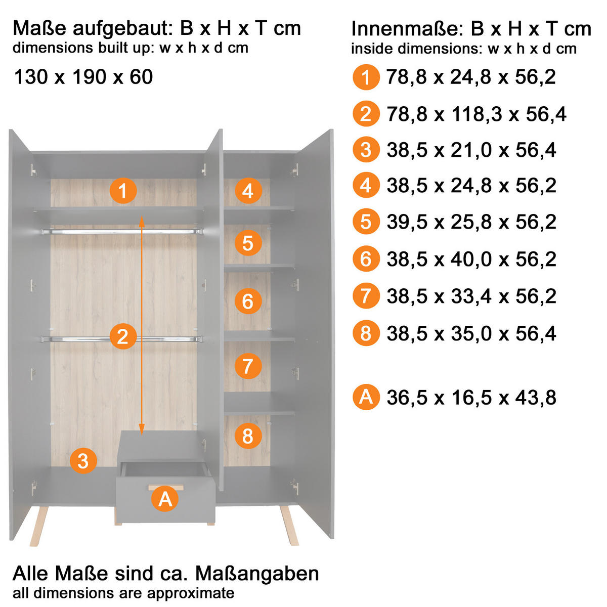 KLEIDERSCHRANK grau matt mit Buche massiv, 3-türig 130 x 190 cm für Baby- und Kinderzimmer - Eichefarben/Buchefarben, Holz/Holzwerkstoff (60/190/130cm) - Top.Furn