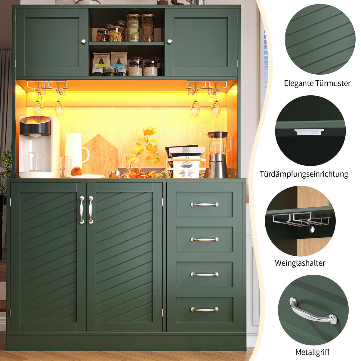 KÜCHENSCHRANK LED 120x40x188Cm 4 Türen Snackregal - Grün, Holzwerkstoff (120/188/40cm) - FLIEKS