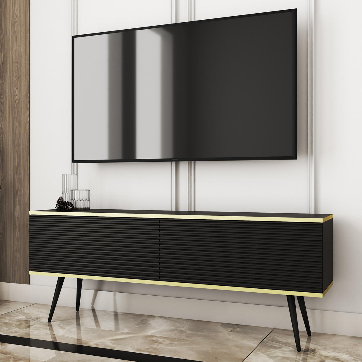 TV-BOARD FORNO (Schwarz, Rillenfront, Goldene Details, 2 Klapptüren, schwarze Metallfüße, 135 cm) - Schwarz, Holz/Holzwerkstoff (135/53/32cm) - Ravio