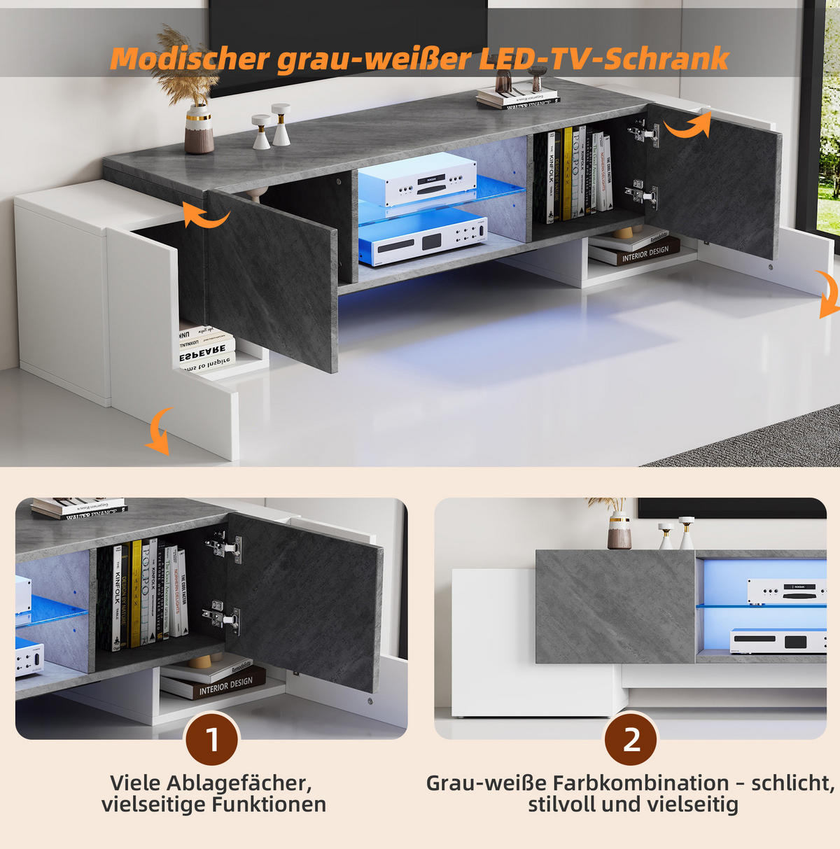 TV-LOWBOARD aus MDF 180x40x46,5 cm Weiß/Grau mit Bluetooth-LED, Hartglas-Ablage und 4 Türen - Weiß, Holzwerkstoff (180/46.5/40cm) - Modfu