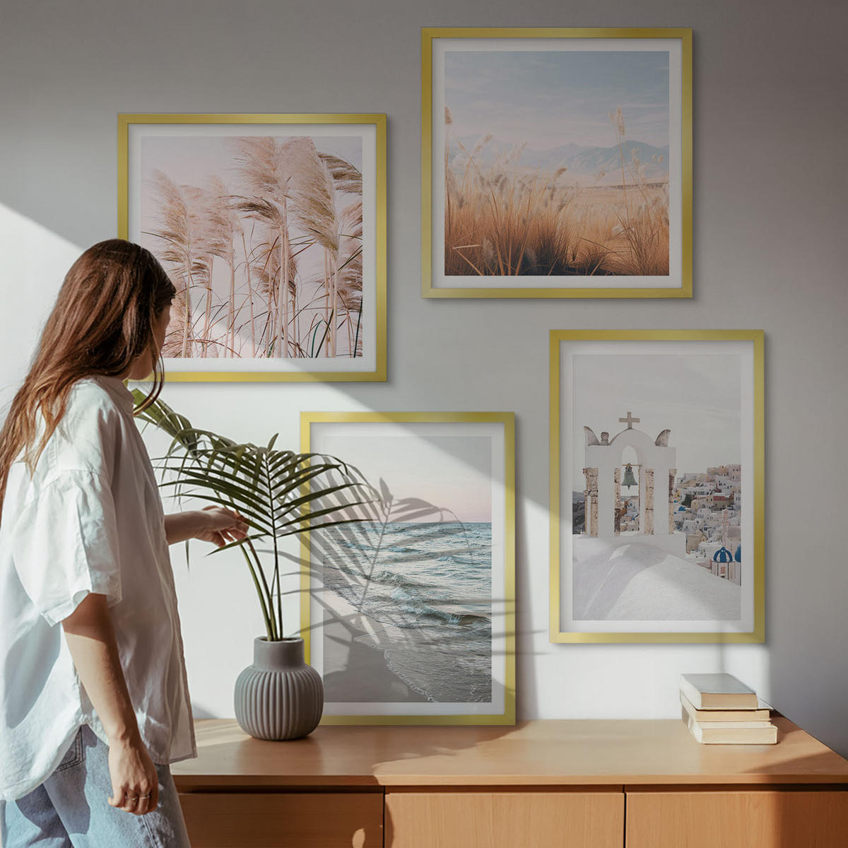 BILDER SET 4er Set - 50x50 cm & 40x60 cm Goldrahmen - Pflanzen, Meereswellen, Aussicht, Häuser - Goldfarben, Kunststoff (50/50cm) - TULUP