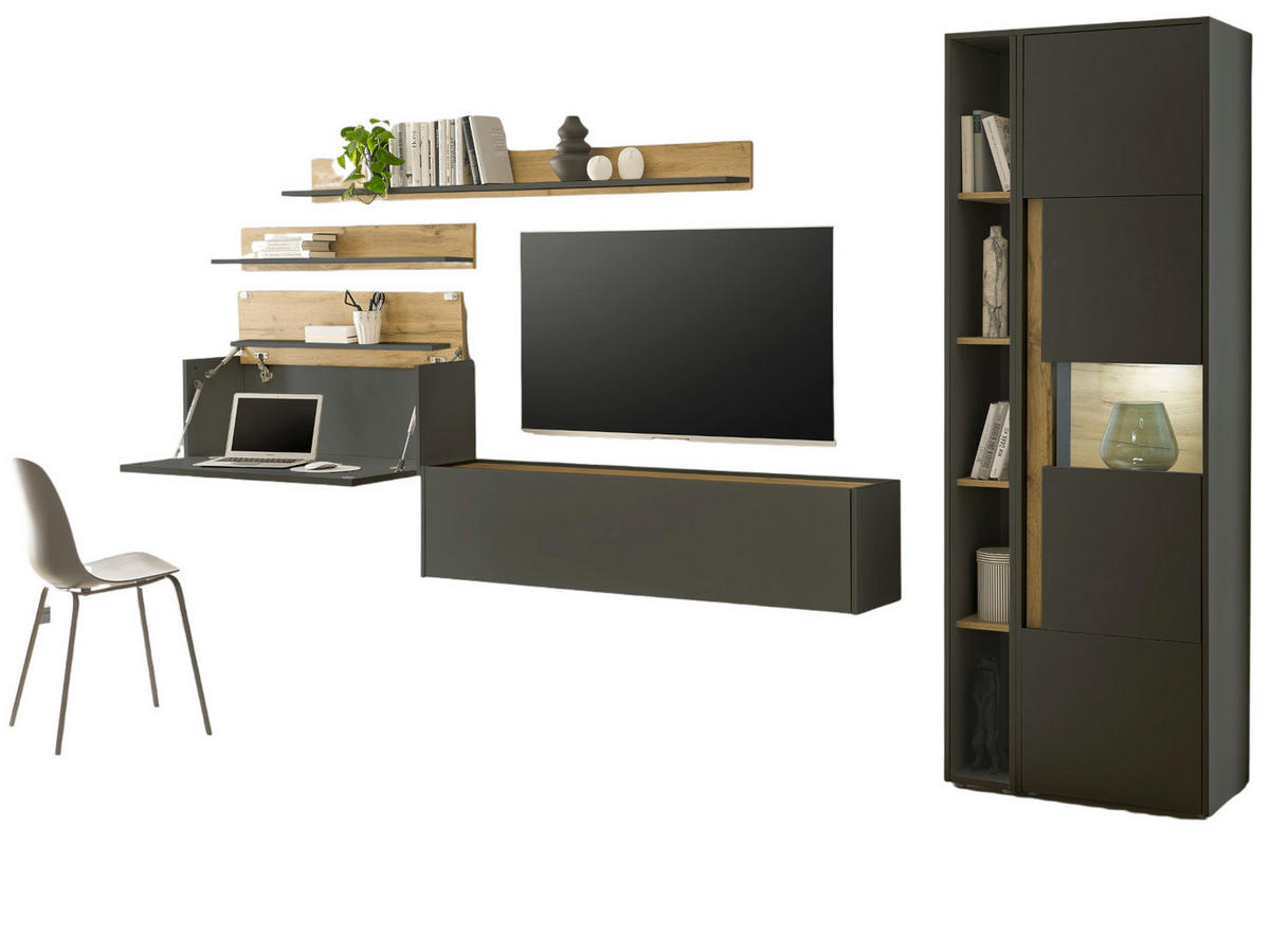 WOHNWAND mit Sekretär grau matt, Eiche Wotan 340 cm, Wohnkombination 6-teilig - Eiche Wotan/Grau, Holzwerkstoff/Kunststoff (340/200/40cm) - Furn.Design