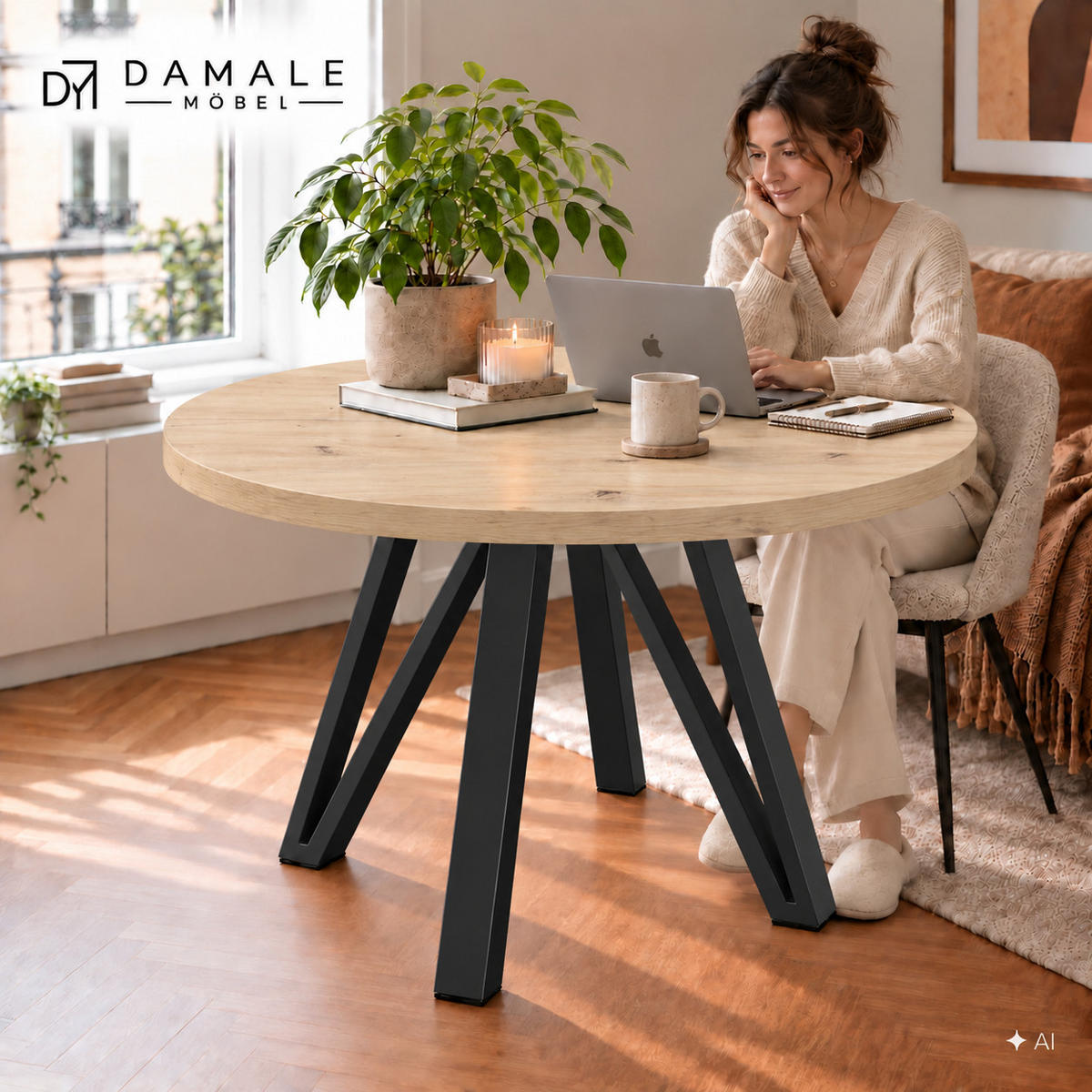ESSTISCH rund ausziehbar 110/210/76 cm, Artisan Eiche, 54 cm Tischplatte + Industrial Metallgestell Schwarz - Schwarz/Eiche Artisan, Holzwerkstoff/Metall (110/210/76cm) - Damale Möbel