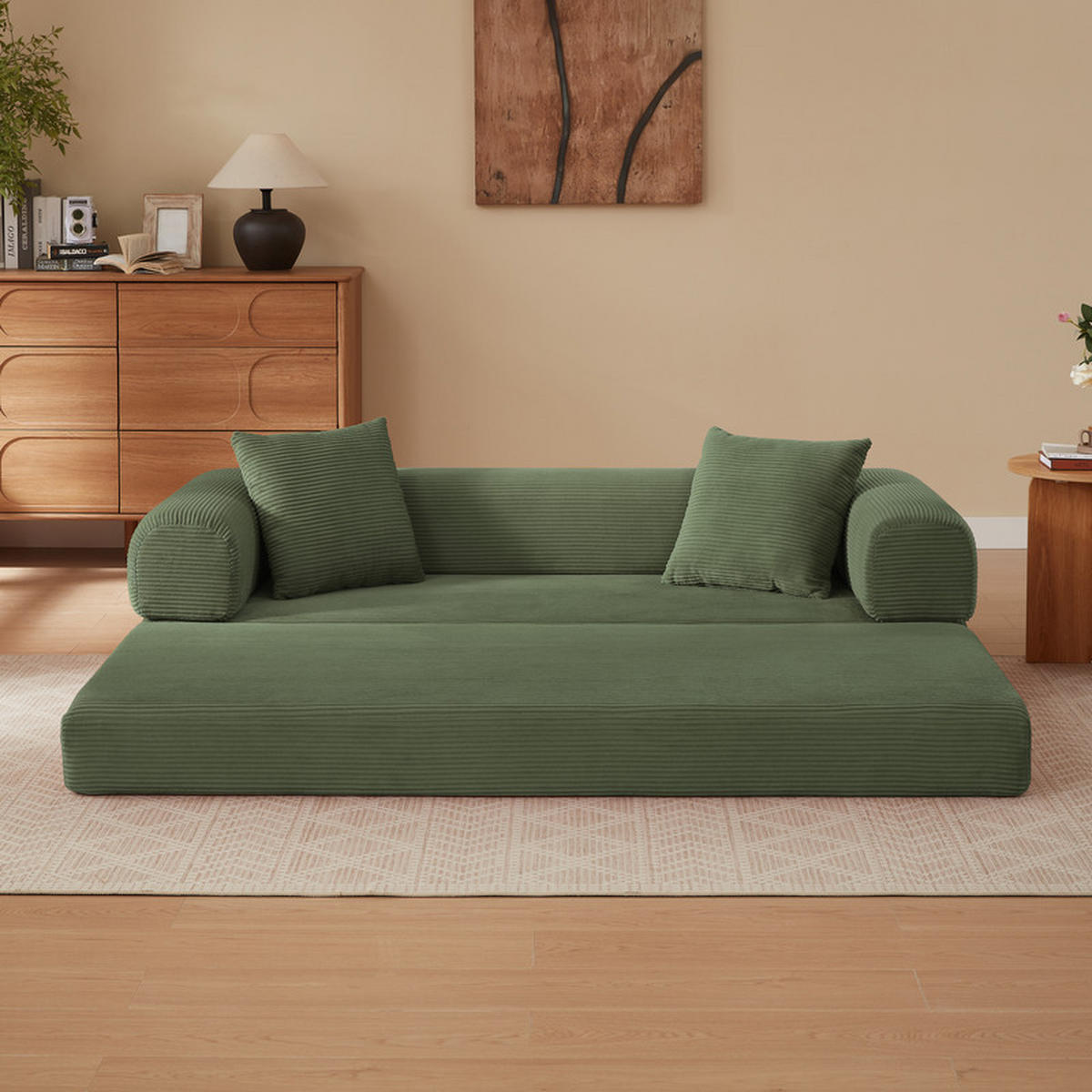 SCHLAFSOFA 195/89/59 cm Grün Samtstoff, 3-Sitzer - Grün, Textil (89/59/195cm) - Oxeza