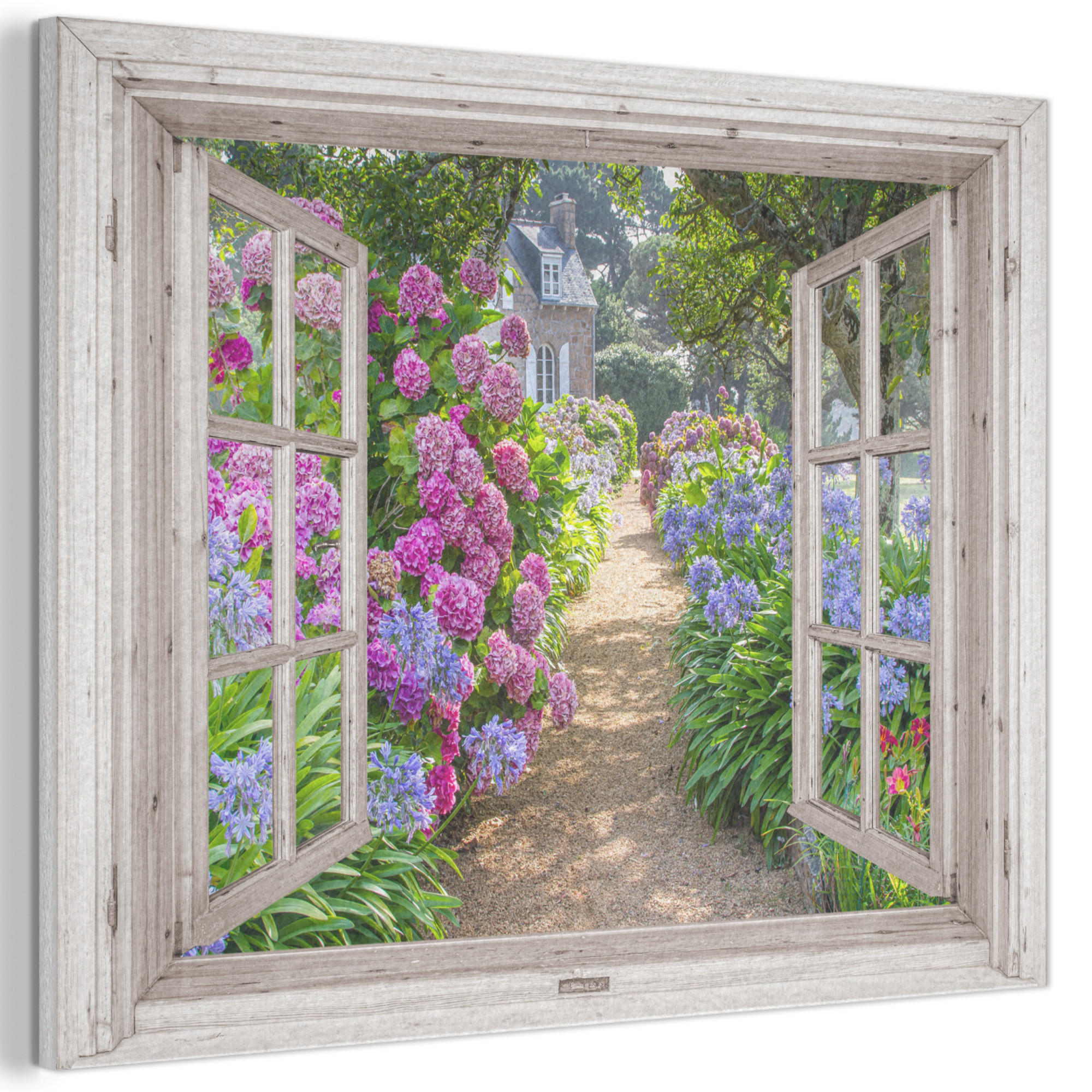 MuchoWow AKUSTICKÝ obraz Hortenzie - Průhledné - Květiny - Léto - Fialová - Cesta 100x70 cm