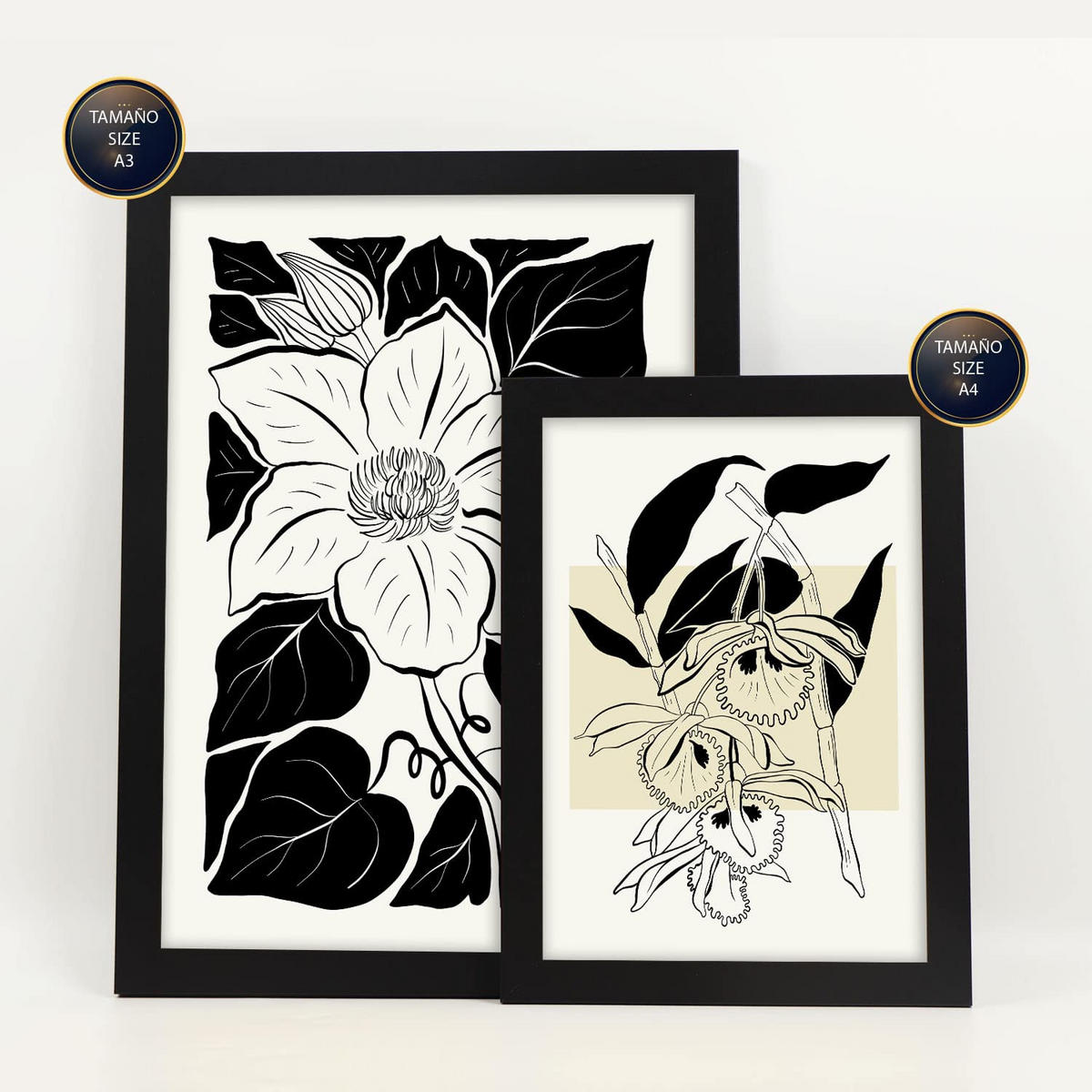 POSTER Set Mit 6 Schwarze Tinte Blumen Größe A3 & A4 Schwarzer Rahmen - Schwarz, Papier (29.7/1cm) - Nacnic