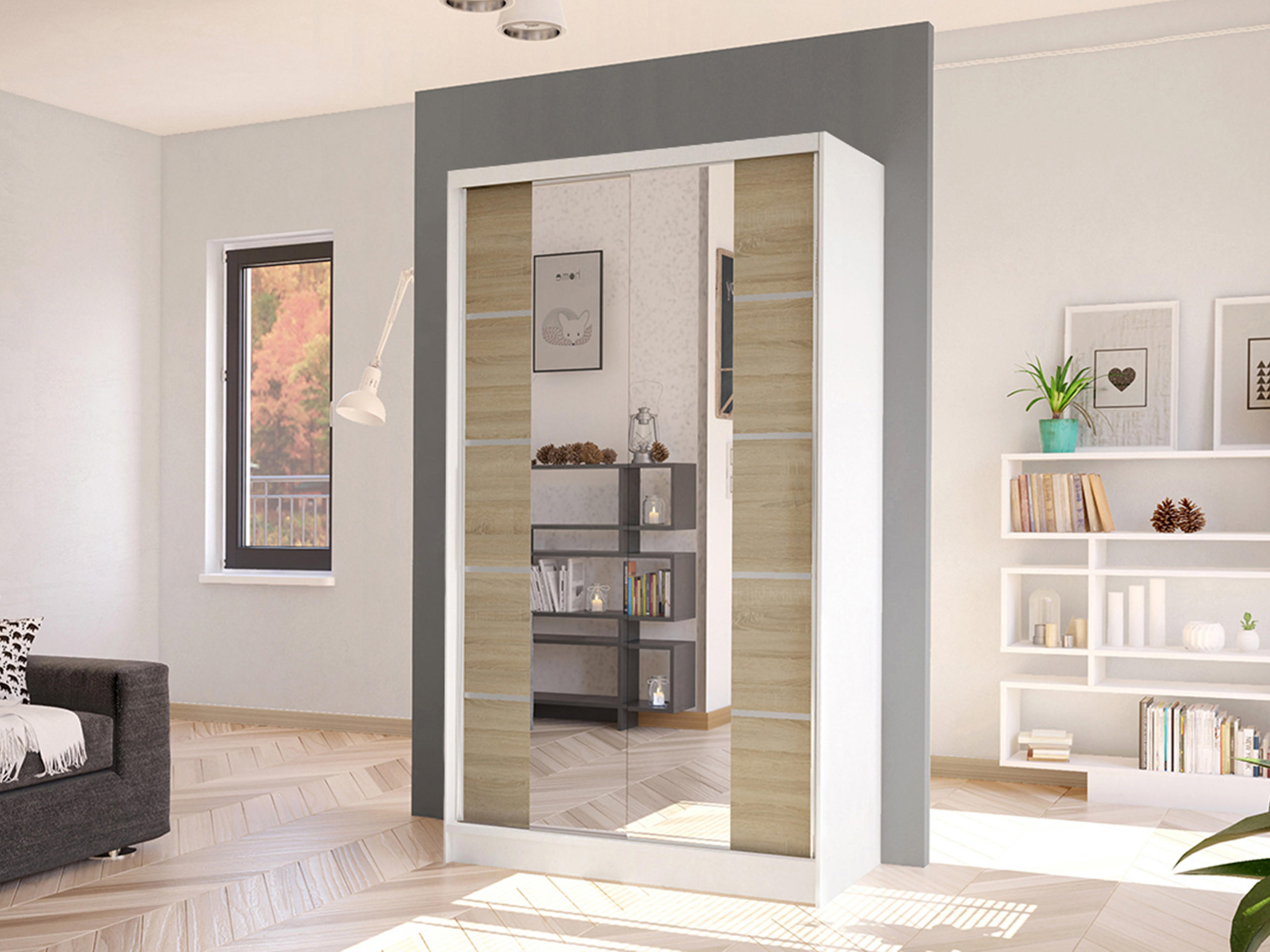 SCHWEBETÜRENSCHRANK Diego V - Weiß/Sonoma Eiche, Holzwerkstoff/Metall (100/200/58cm) - MIRJAN24