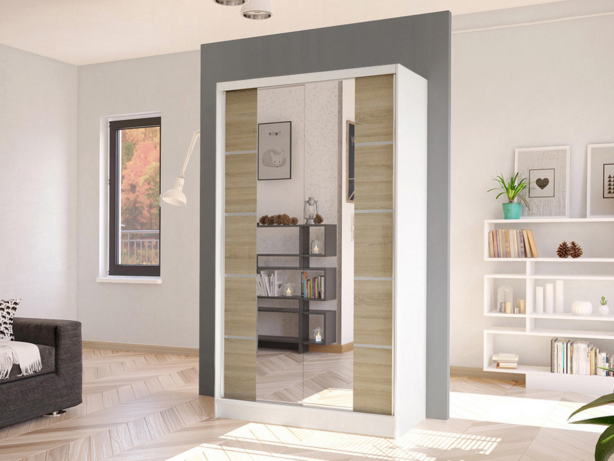 SCHWEBETÜRENSCHRANK Diego V - Weiß/Sonoma Eiche, Holzwerkstoff/Metall (100/200/58cm) - MIRJAN24