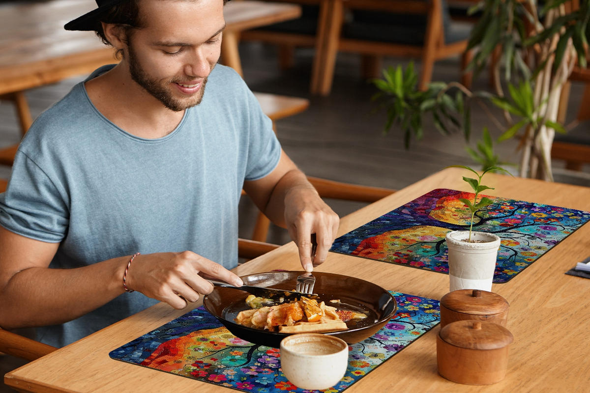 PLATZSETS 6er-Set Baum - Bunt - Blumen - Kunst - Abstrakt 45x30 cm Tischset - Blau, Kunststoff (0.3/45/30cm) - MuchoWow
