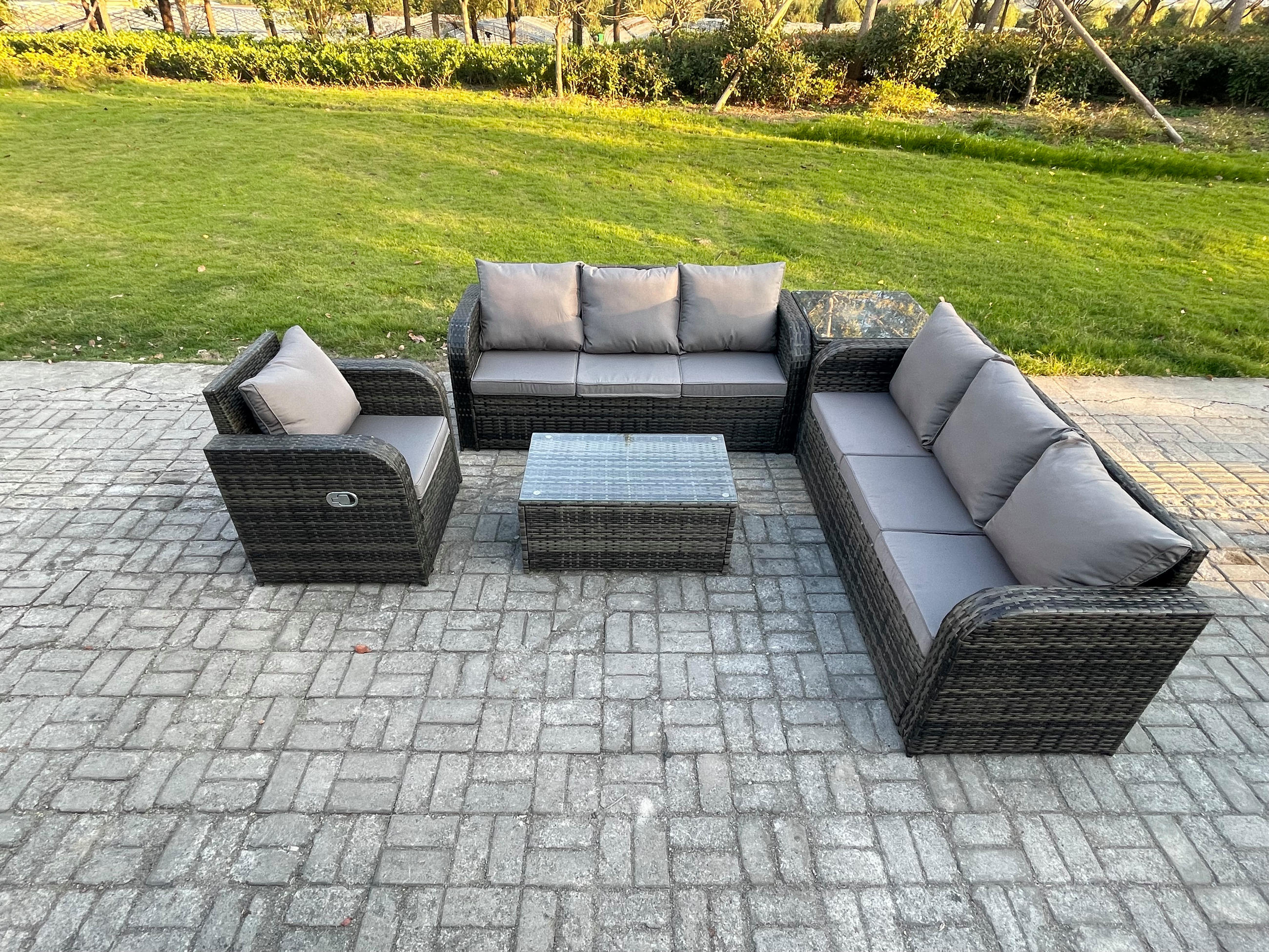 GARTENMÖBEL-SET mit Kissen Polyrattan Dunkelgrau 7-Sitzer - Dunkelgrau/Grau, Glas/Kunststoff - Fimous