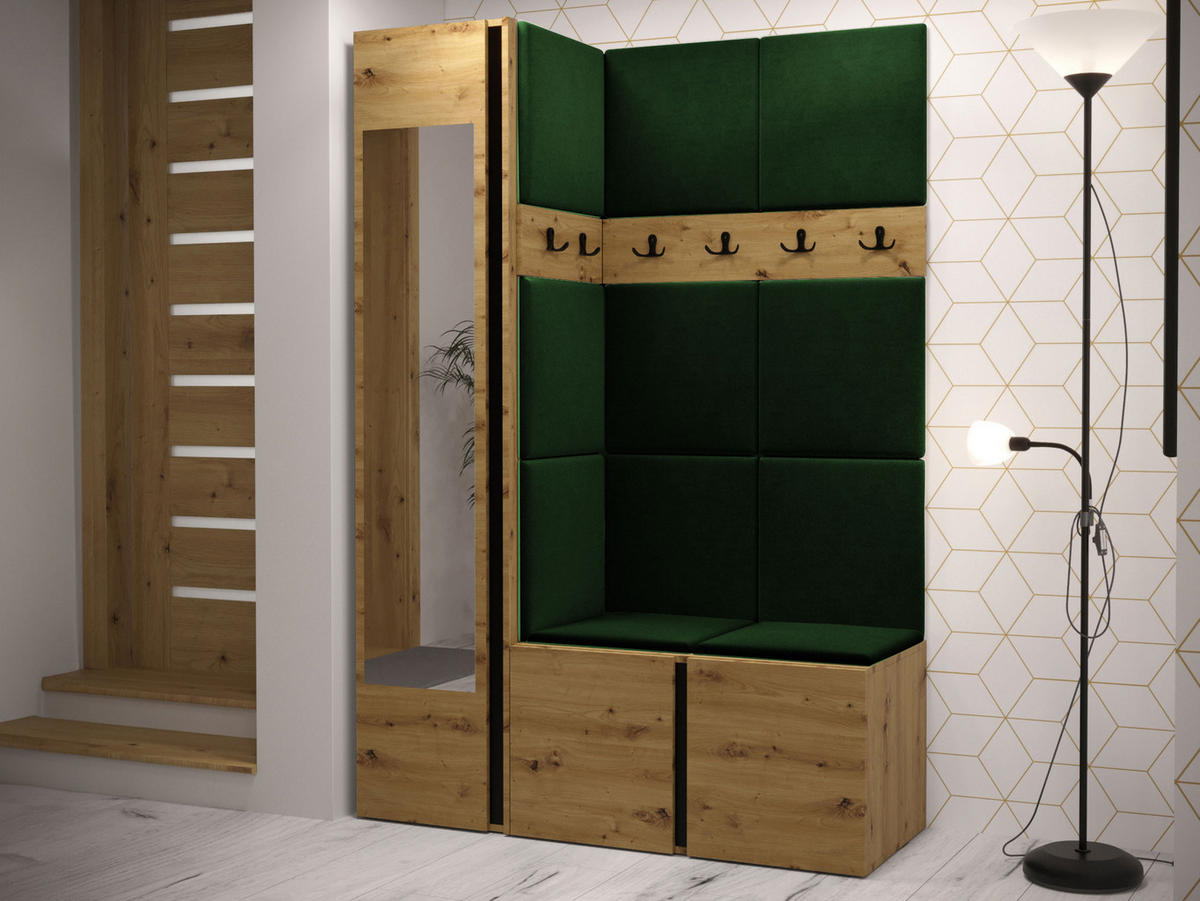 MOBILIER PENTRU HOL Orion X - verde/stejar Artisan, material plastic/compozit lemnos (124/186/46cm) - MIRJAN24