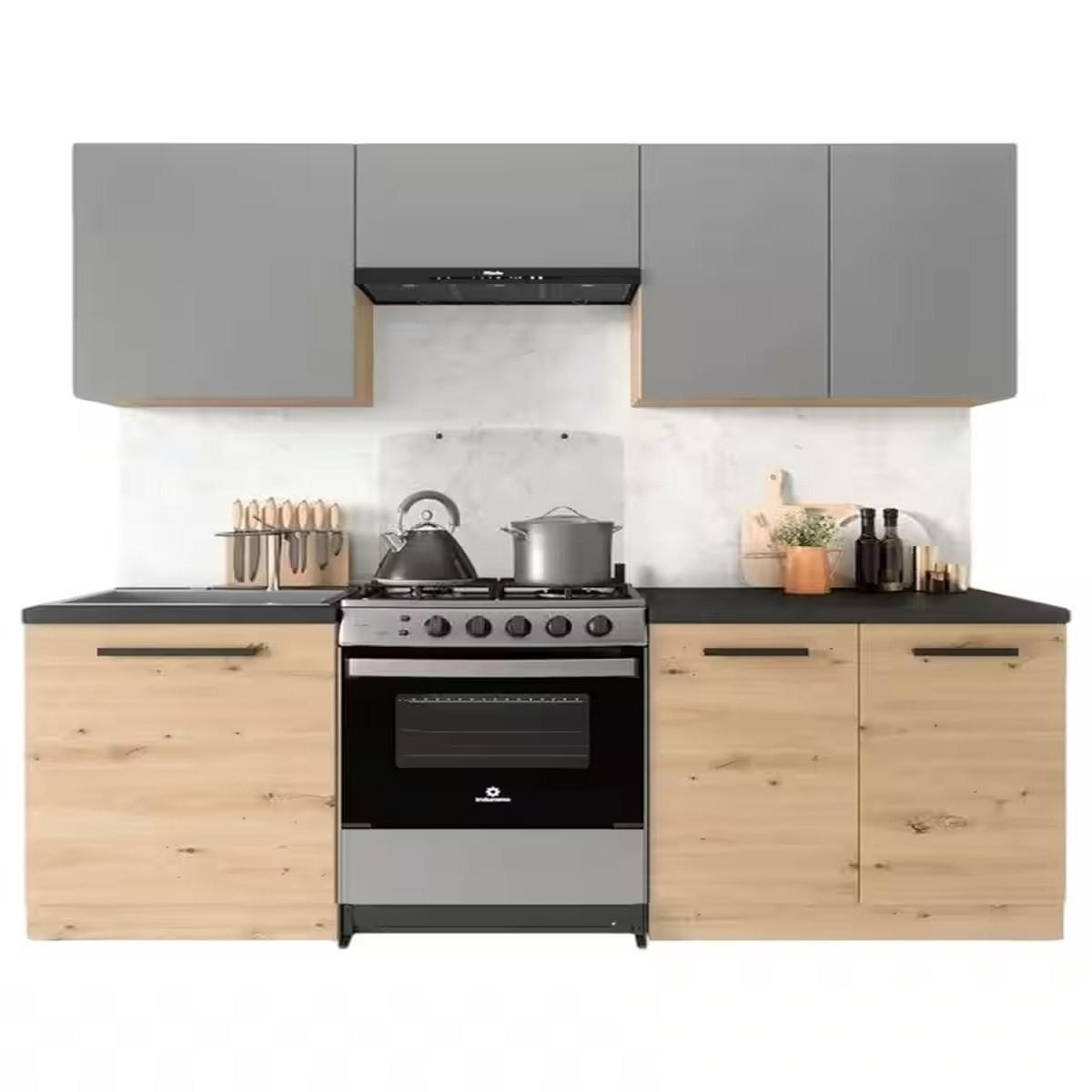 KÜCHENZEILE 200 cm - Langen K24-M200 - in Artisan Eiche/Grau - Eiche Artisan/Grau, Holz/Metall (200/210/47cm)