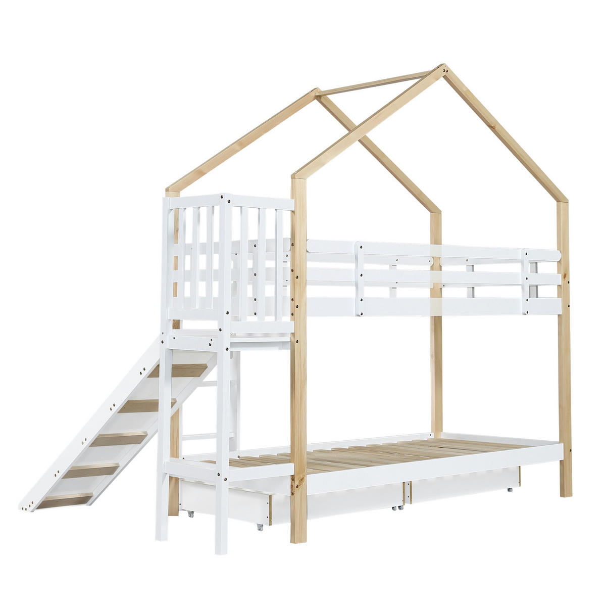 PATROVÁ postel 90/200 cm bílá a přírodní z masivu a MDF se skluzavkou a úložnými zásuvkami - bílá, dřevo (90/200cm) - OKWISH