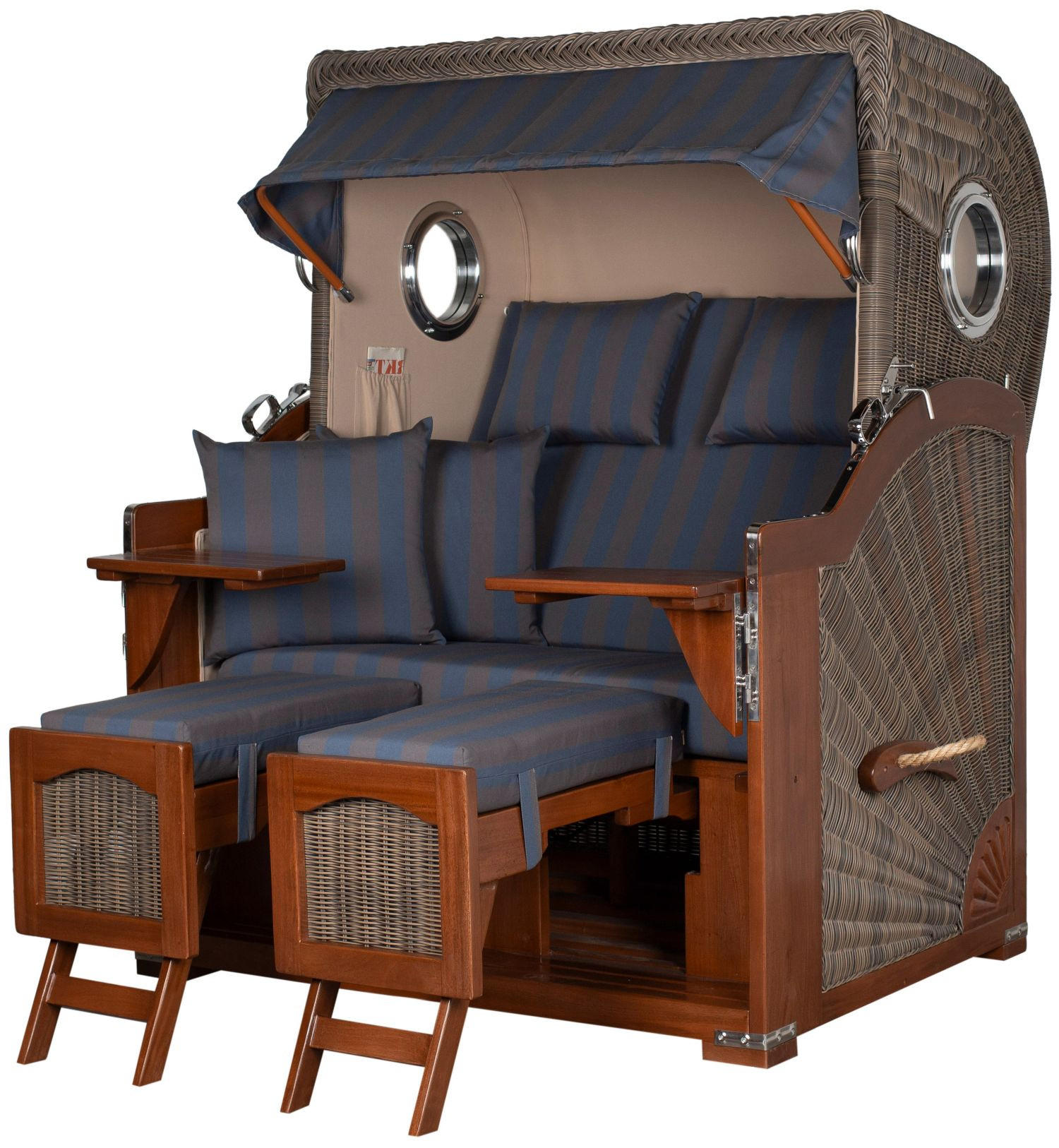 STRANDKORB Komplettset: Ammersee Mahagoni Bullauge - PE grau - Modell 582 - Blau/Braun, Holz/Kunststoff (125/165/80cm) - bene living