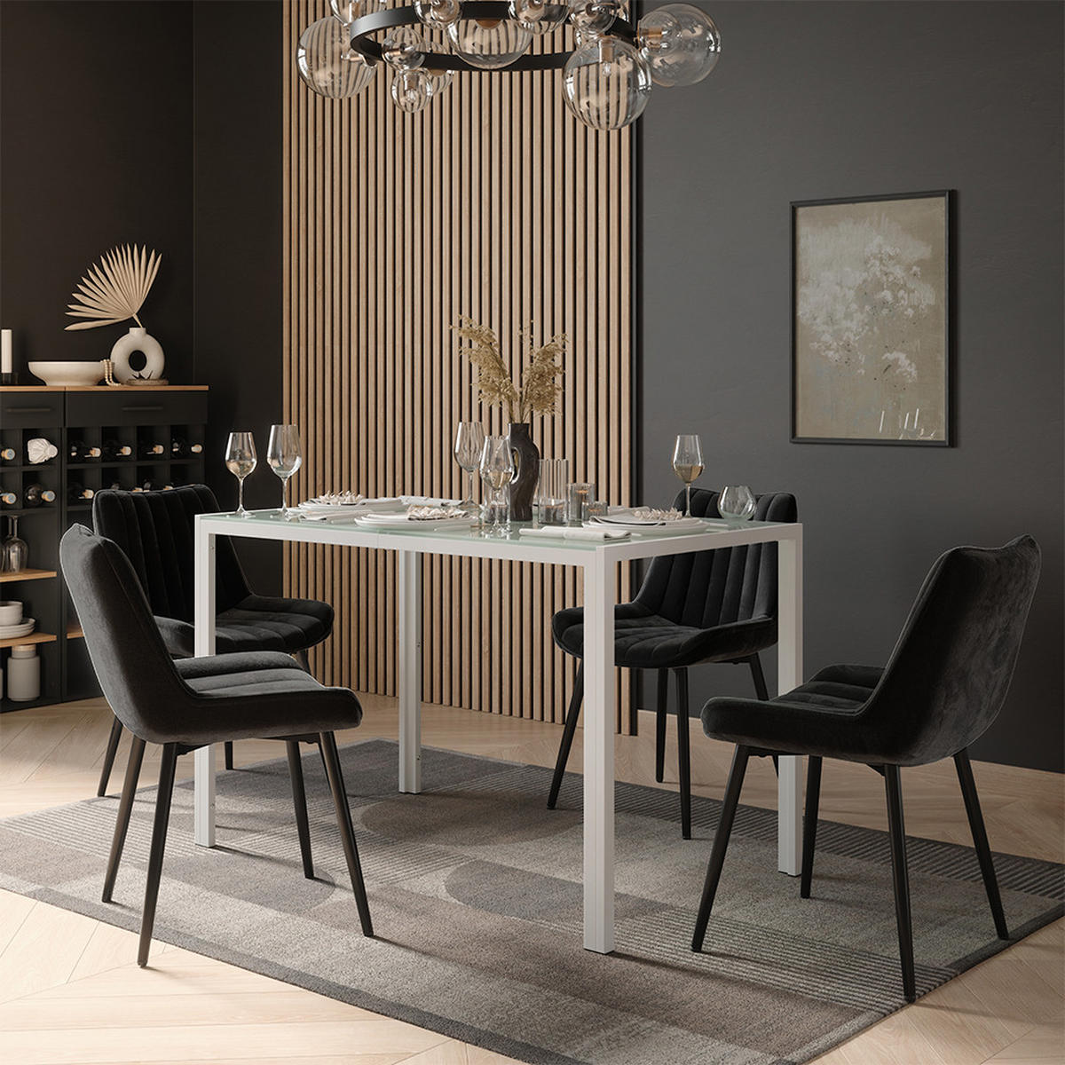 JÍDELNÍ STŮL SESTAVA Grand, Bílá, 120 x 70 cm se 4 židlemi (černé) - bílá, sklo (120/74.5/70cm) - Vicco