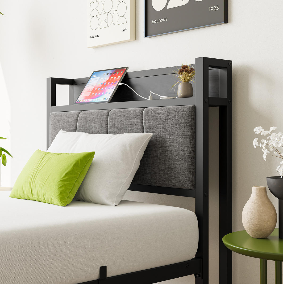 METALLBETT 90/200 mit Gepolstertes Kopfteil und Steckdose Jugendbett ohne Matratze, 27 cm Bodenfreiheit - Schwarz/Grau, Holzwerkstoff/Textil (90/200cm) - STILVORA
